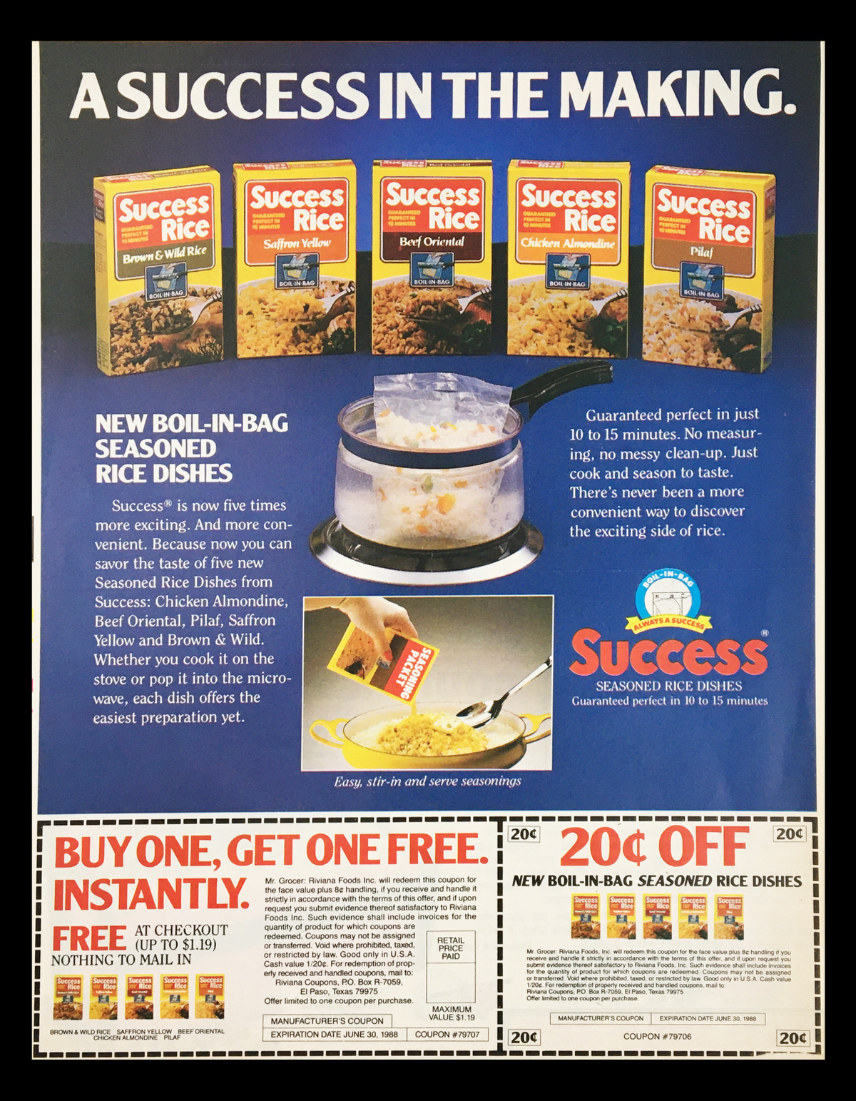 1988 Success Rice Seasoned Rice Dishes Circular Coupon Advertisement showcasing new boil-in-bag seasoned rice dishes with cooking instructions, featuring product packaging and promotional offers.
