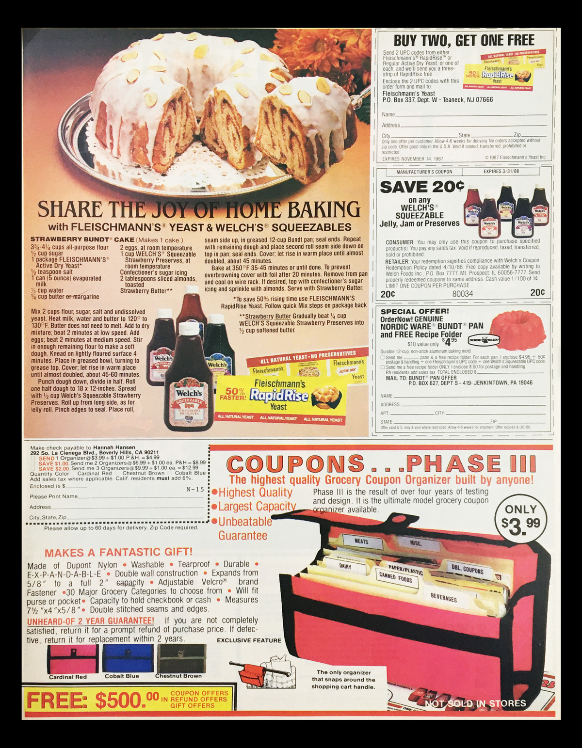 1988 Success Rice Seasoned Rice Dishes Circular Coupon Advertisement displaying various baking-related products and coupons, highlighting special offers on cooking essentials and gift items.