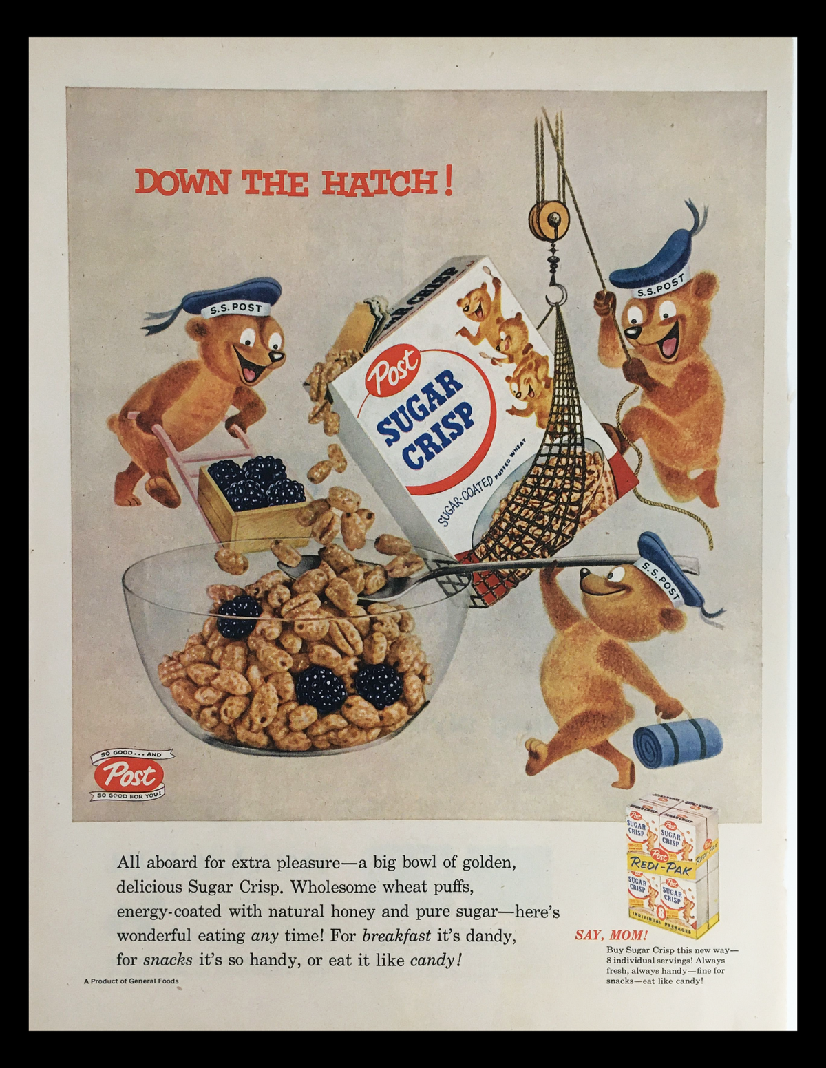 1956 Post Sugar Crisp Sugar Coated Puffed Wheat vintage print ad featuring playful bears enjoying Sugar Crisp cereal, highlighting its crunchy goodness and nostalgic appeal. This vibrant advertisement captures mid-20th century snack culture.