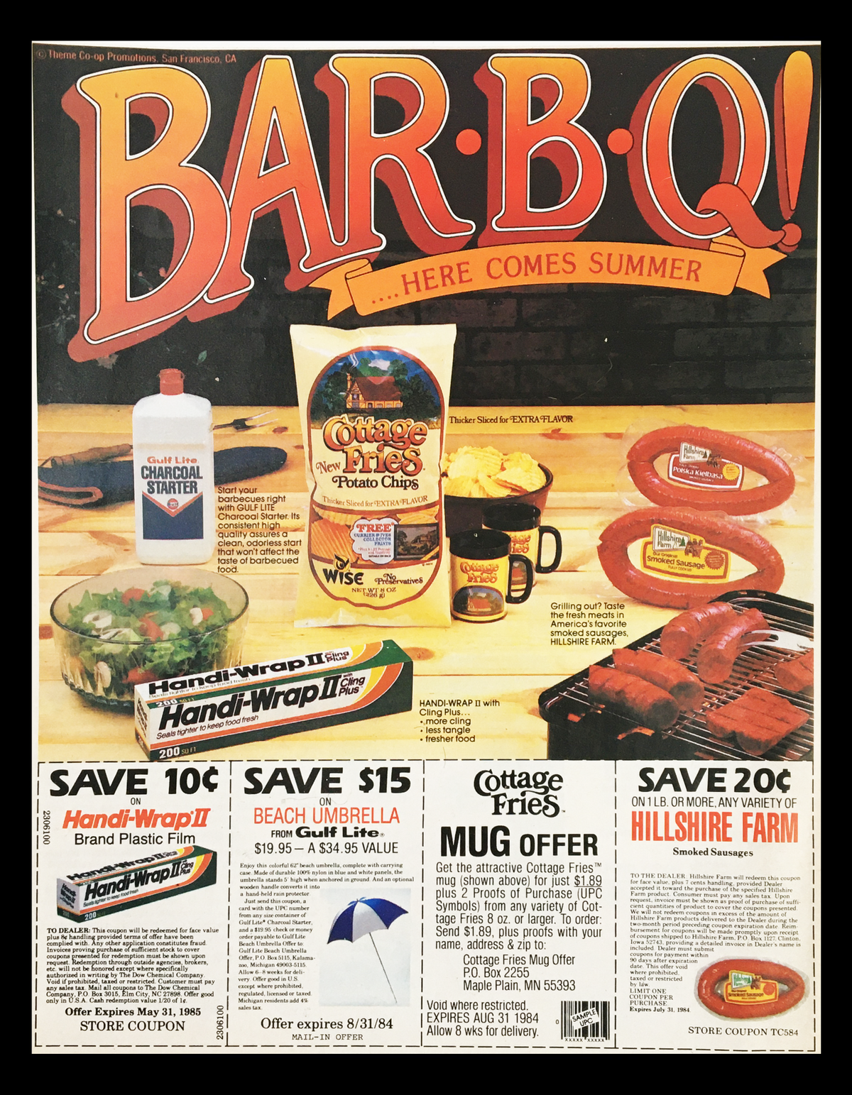 1984 Cottage Fries Potato Chips Bar-B-Q Circular Coupon Advertisement featuring various food items, including Cottage Fries chips, surrounded by summer-themed decorations and promotional offers. Measurement details and coupon information included.