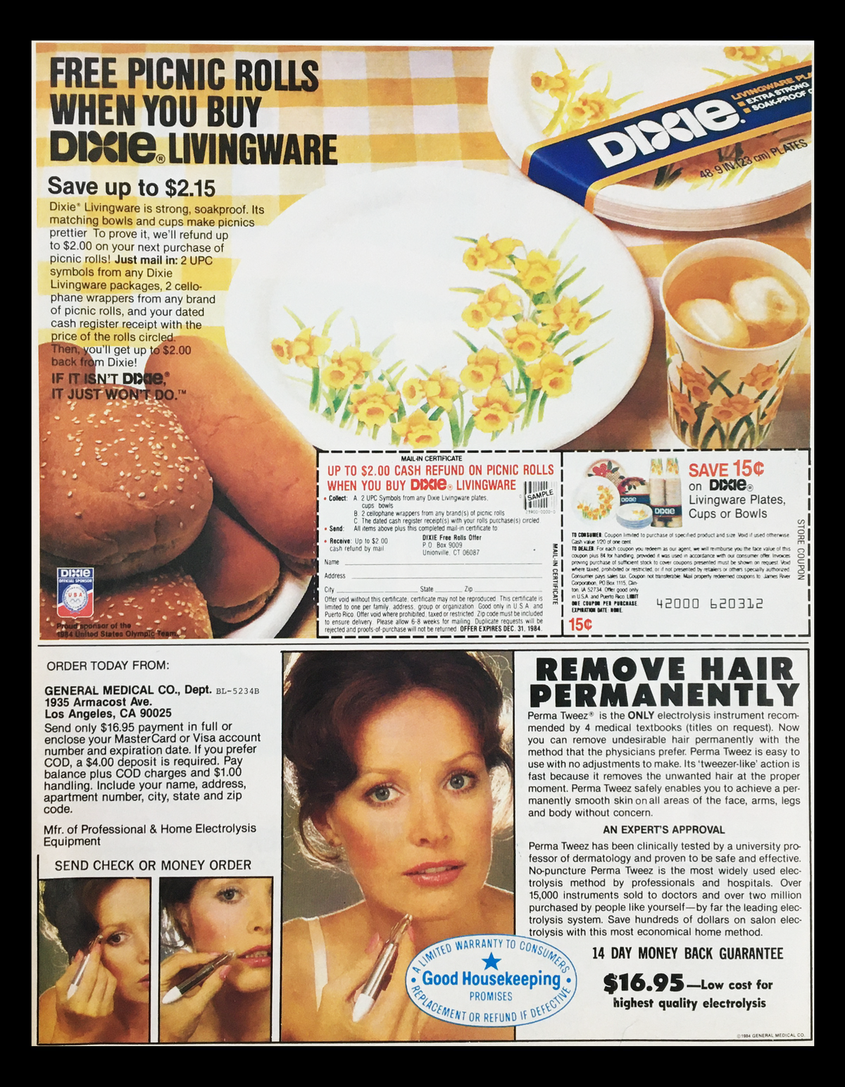 Dixie Livingware advertisement featuring a promotional offer for free picnic rolls with a purchase, showcasing Dixie products and themed summer meal ideas. Includes coupon details and cooking inspirations.