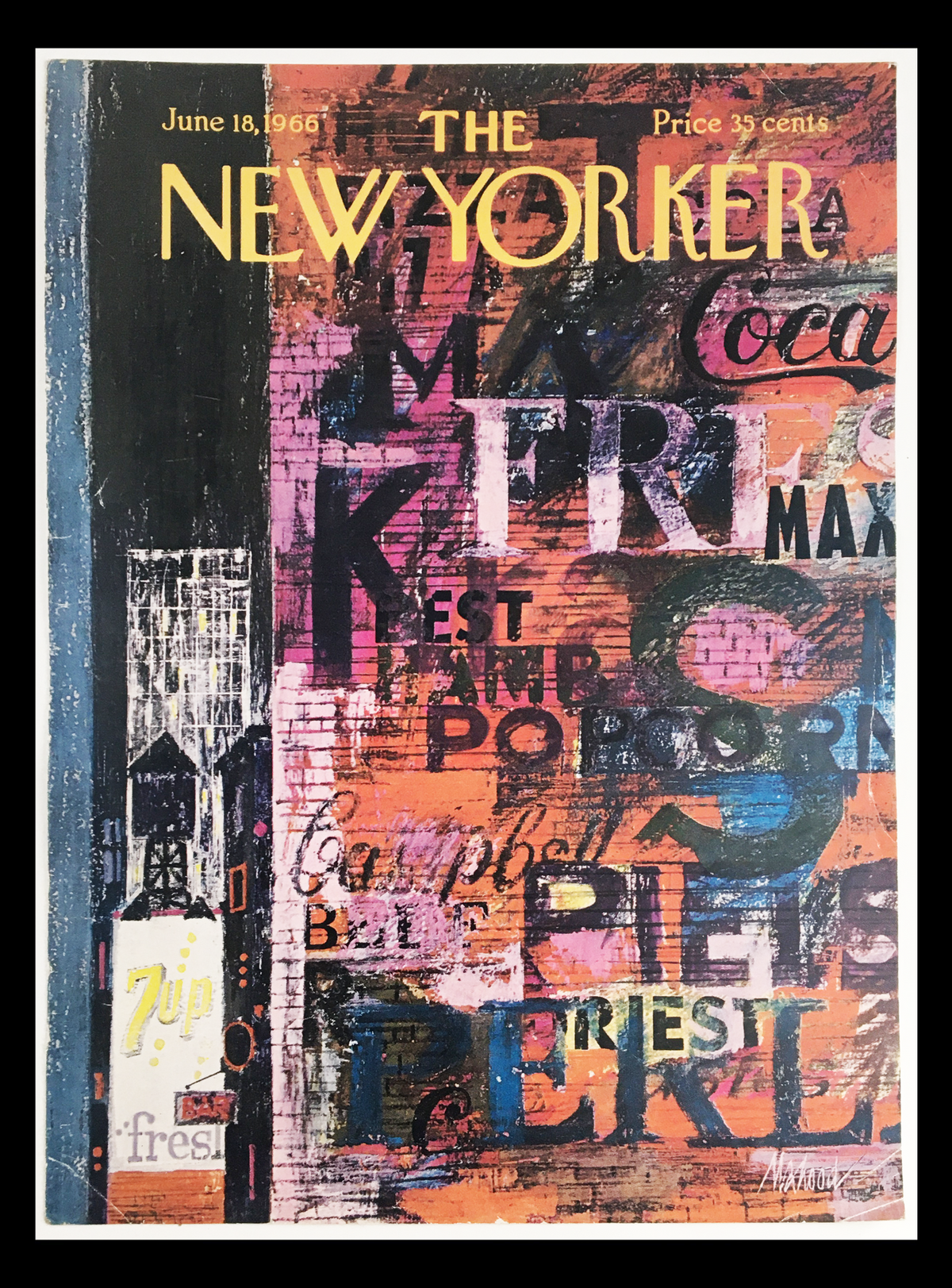Cover of The New Yorker June 18, 1966 featuring a colorful collage of vintage advertisements and graffiti; designed by Heidi Goennel.