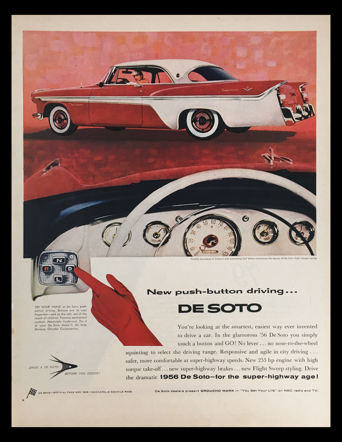 1956 DeSoto Push-Button Driving Vintage Print Ad featuring a classic car and innovative push-button technology, showcasing mid-century automotive design and style.