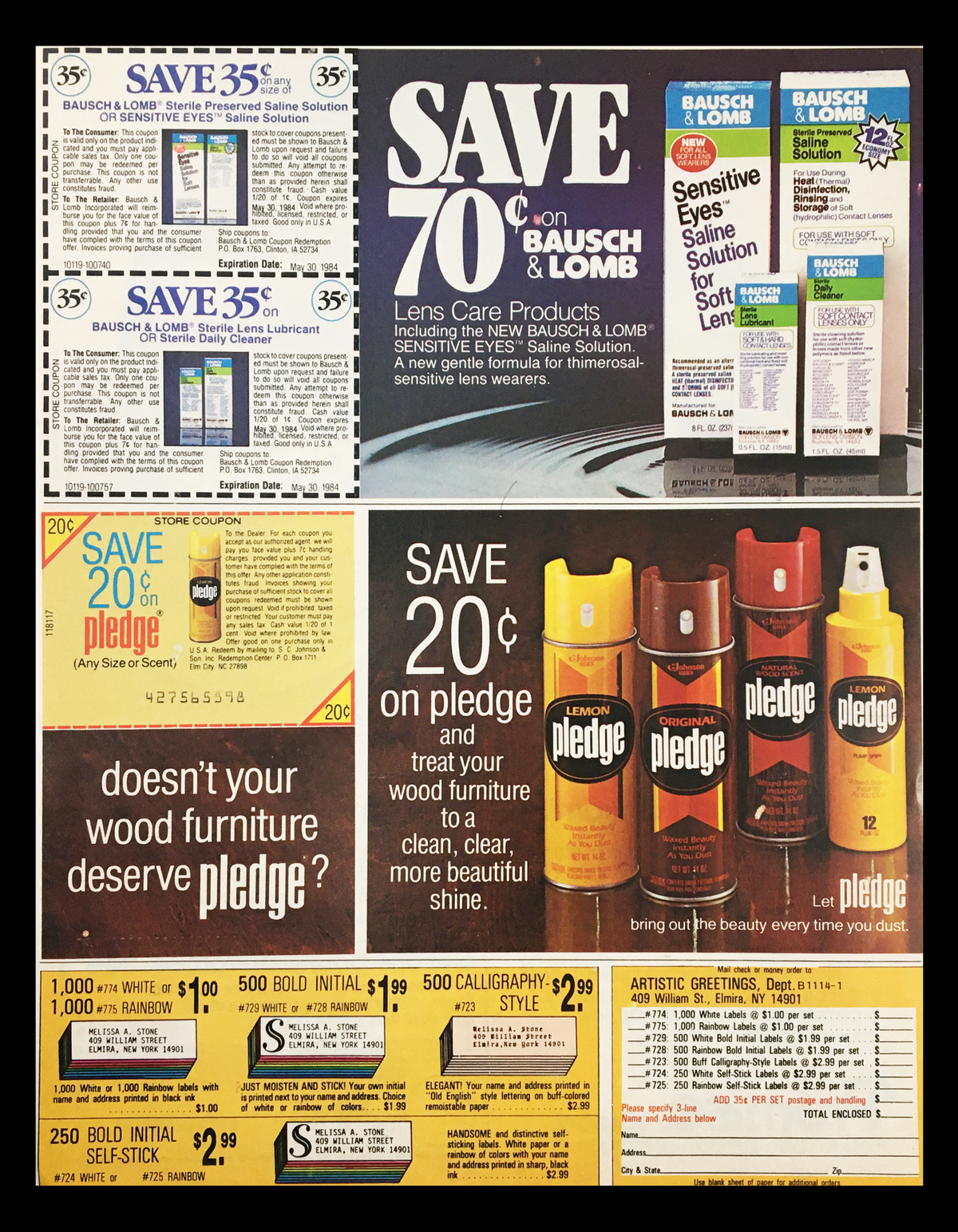 1983 advertisement showcasing savings on Bausch & Lomb lens care products and Pledge cleaners, along with promotional offers and discounts. Part of a circular coupon advertisement.