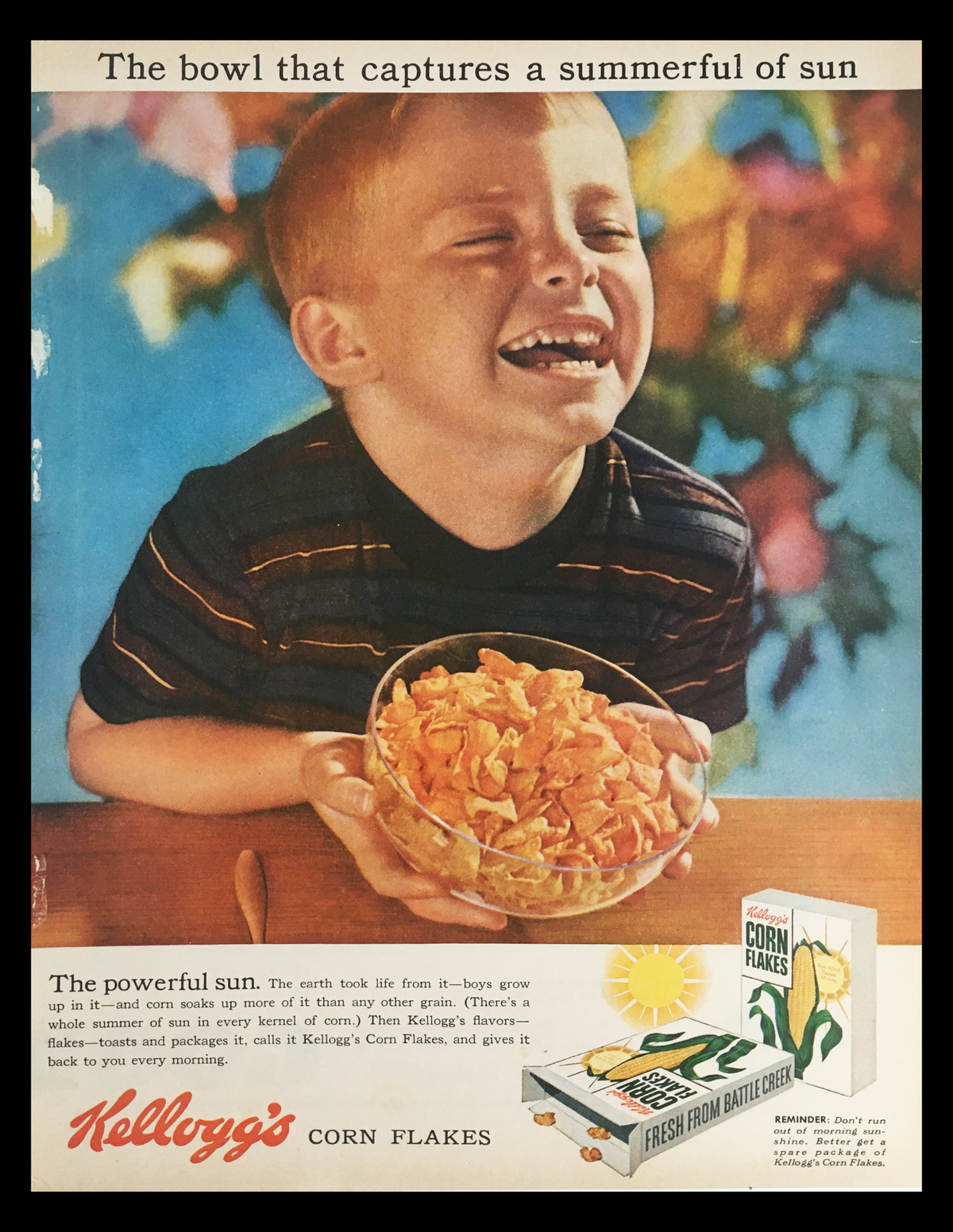 A nostalgic 1956 Kellogg's Corn Flakes Cereals Vintage Print Ad featuring a young boy joyfully enjoying a bowl of cereal, emphasizing the tagline 'The bowl that captures a summerful of sun.' This colorful advertisement highlights Kellogg's Corn Flakes, showcasing mid-century design and classic American breakfast culture.