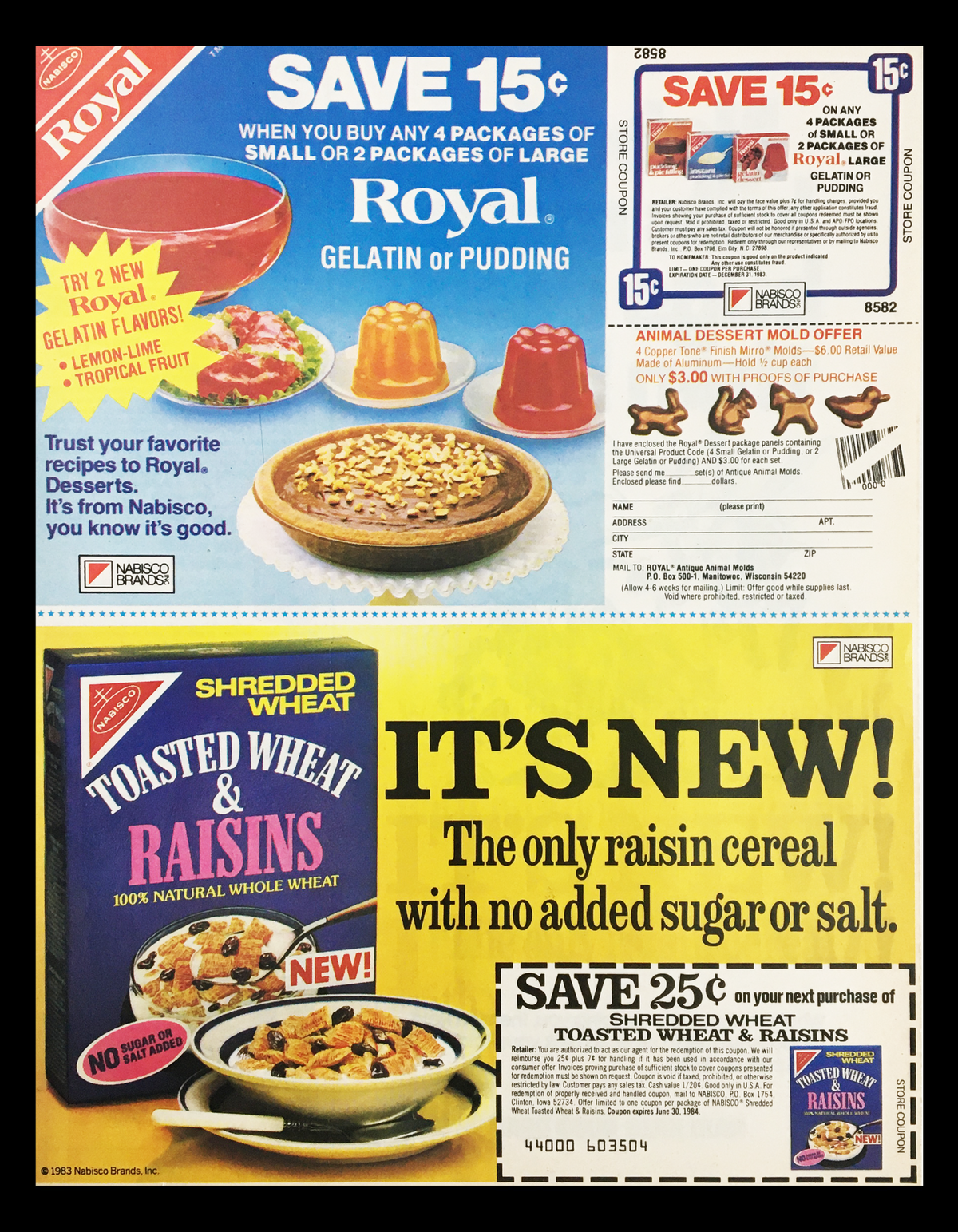 1983 Raid Bugs Ant and Roach Killer Circular Coupon Advertisement featuring various product promotions, including discounts for Royal gelatin and pudding, with vibrant imagery of desserts and a prominent message about a new raisin cereal without added sugar or salt.