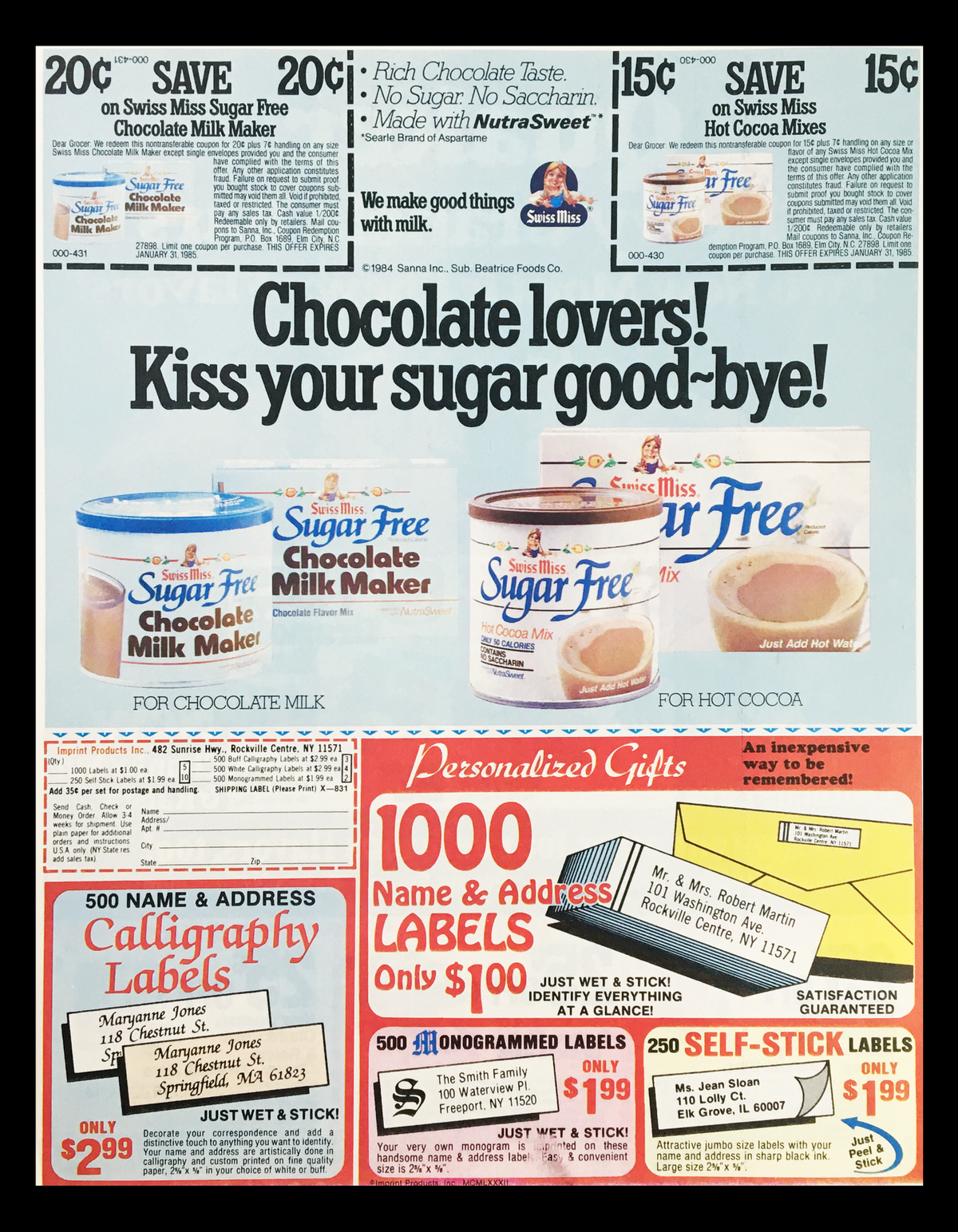 An advertisement for Swiss Miss featuring Sugar Free Chocolate Milk Maker and Hot Cocoa mixes. It promotes the brand with pricing details and a call to action, set against a vintage design.
