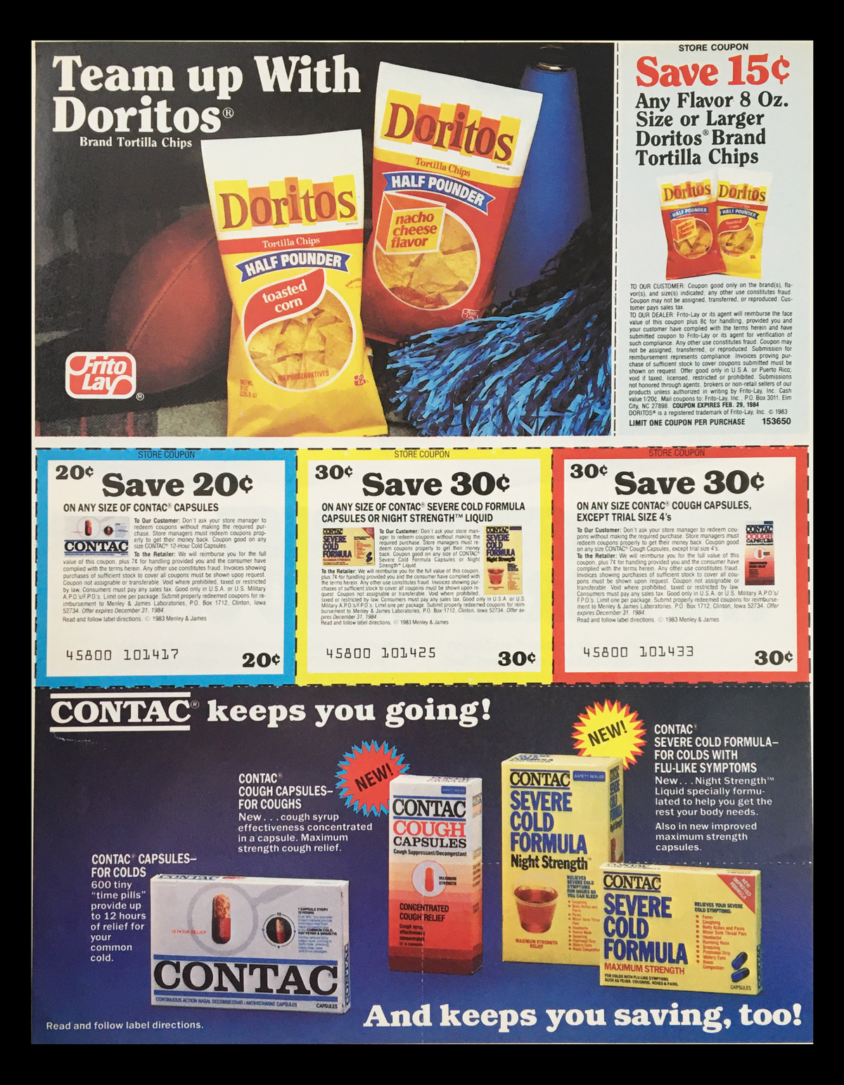 1984 Swift International Chicken Cordon Bleu Circular Coupon Advertisement featuring Doritos brand tortilla chips with multiple coupon offers.