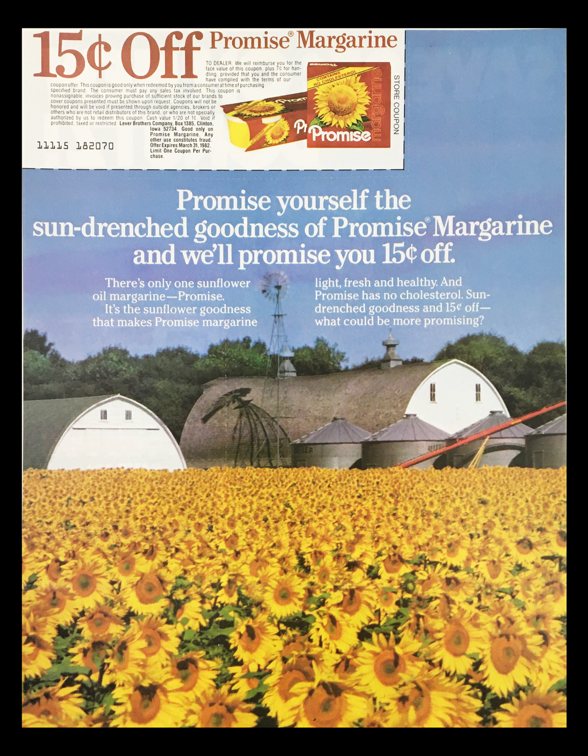 1982 Promise Sunflower Oil Margarine Circular Coupon Advertisement featuring a vibrant sunflower field with a barn, promoting 15 cents off Promise Margarine. Highlights the product's natural goodness and health benefits.