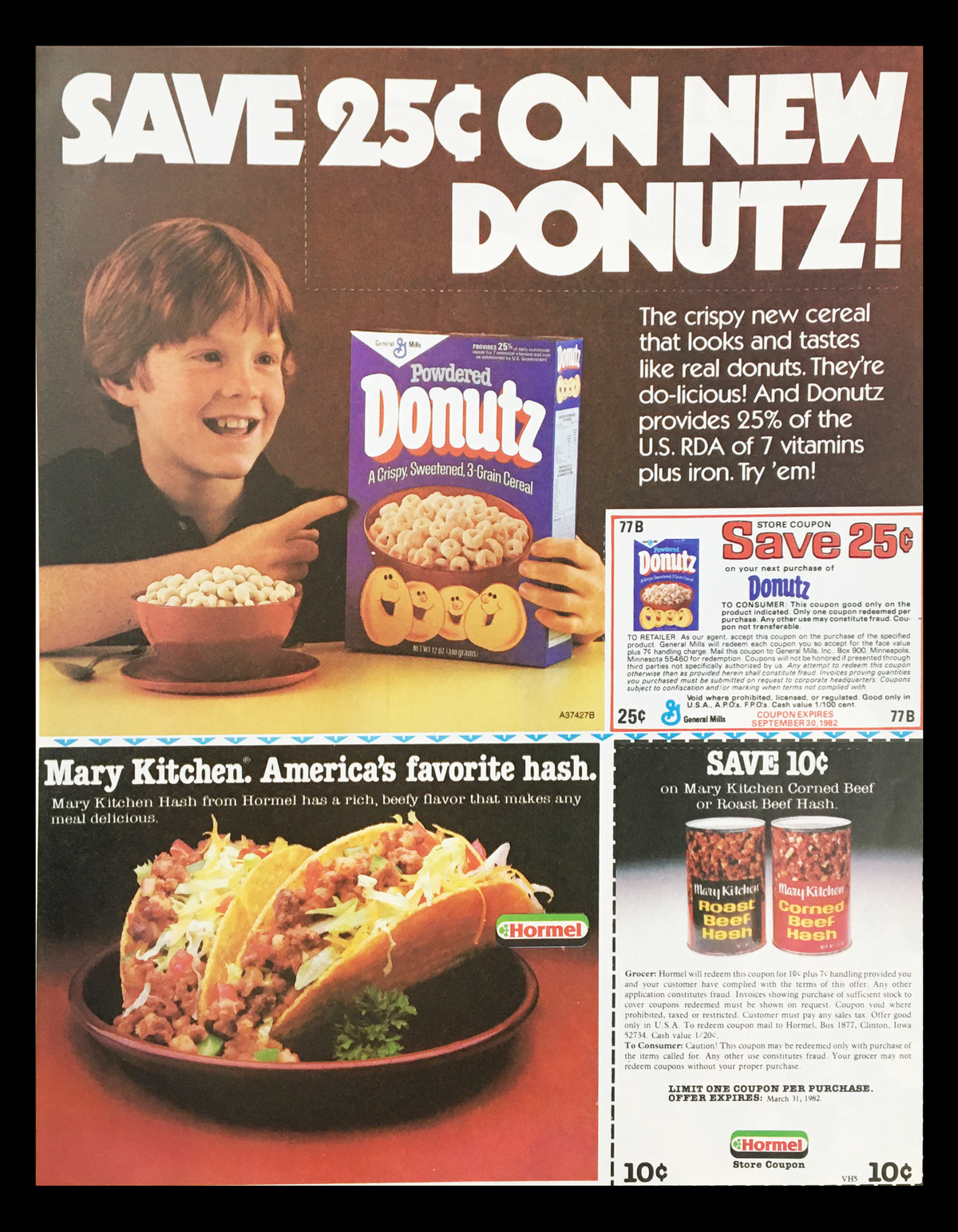 1982 advertisement for Donutz cereal and Mary Kitchen hash with a boy holding a box of Donutz, showcasing the special offer to save 25 cents. Engaging advertisement aimed at families promoting the products' taste and convenience.