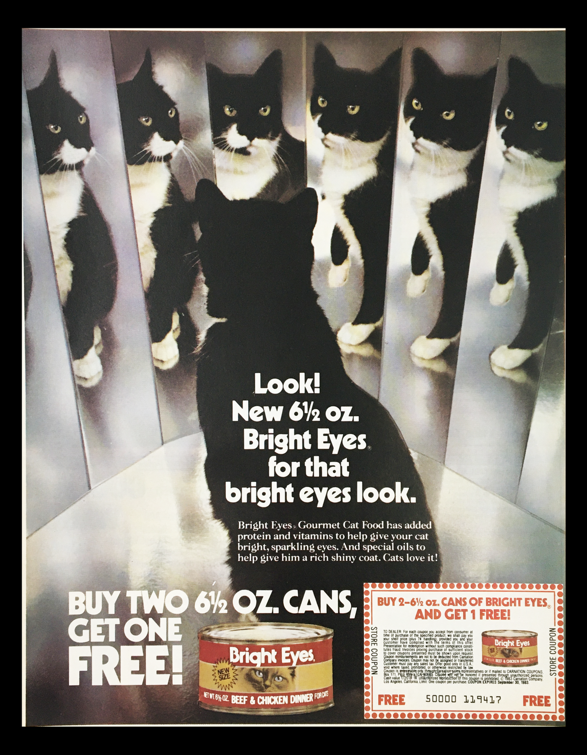 1983 Bright Eyes Beef & Chicken Dinner for Cats Circular Coupon Advertisement featuring a black and white cat with an eye-catching backdrop. The advertisement highlights a promotional offer: 'Buy Two 6 1/2 oz. Cans, Get One Free!' showcasing Bright Eyes Gourmet Cat Food.