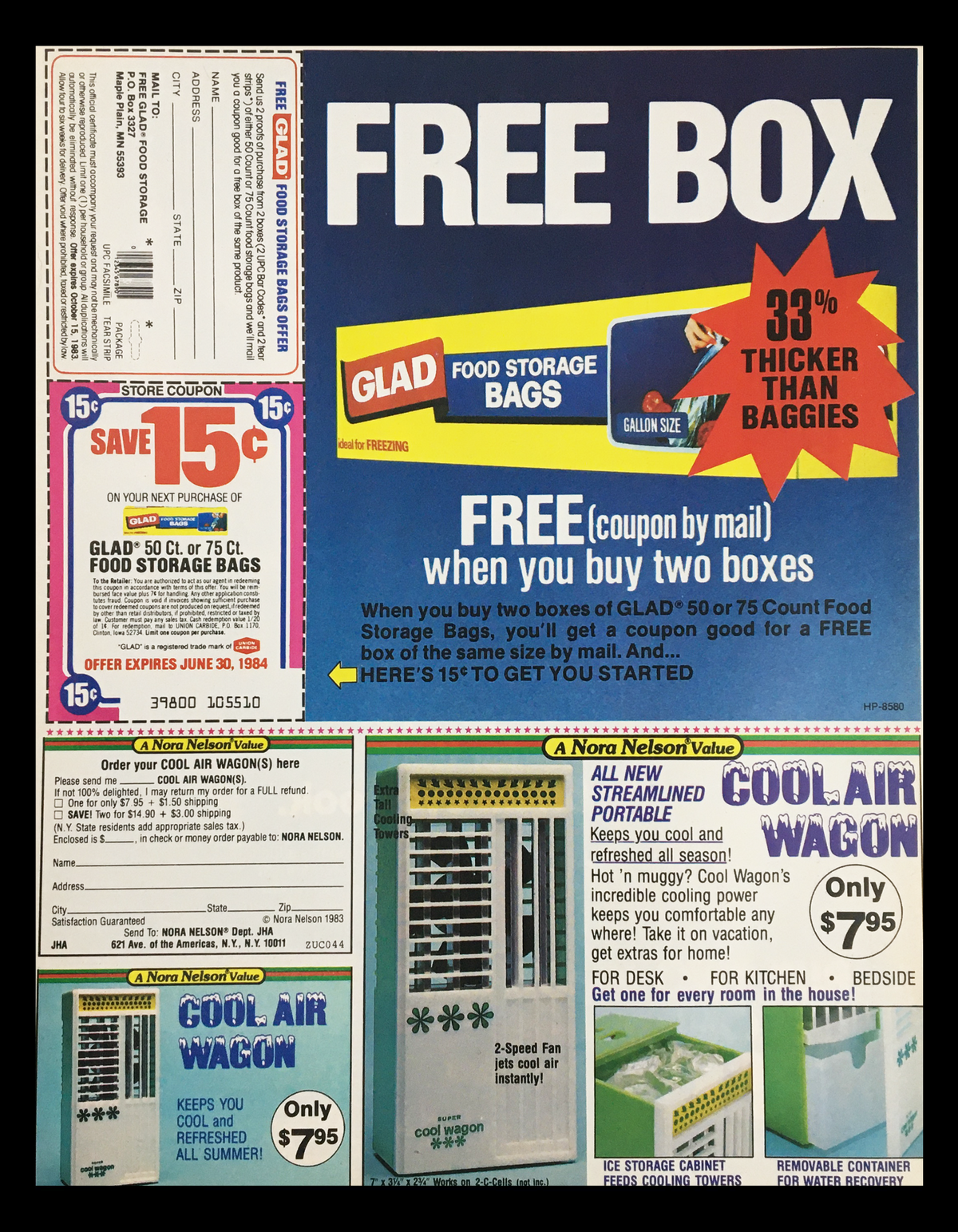 1983 Bright Eyes Beef & Chicken Dinner for Cats Circular Coupon Advertisement featuring promotional offer for GLAD food storage bags, with details about coupon usage and highlights like 'Free Box' offer when purchasing two boxes. The ad emphasizes product features and includes visuals of bag storage options.