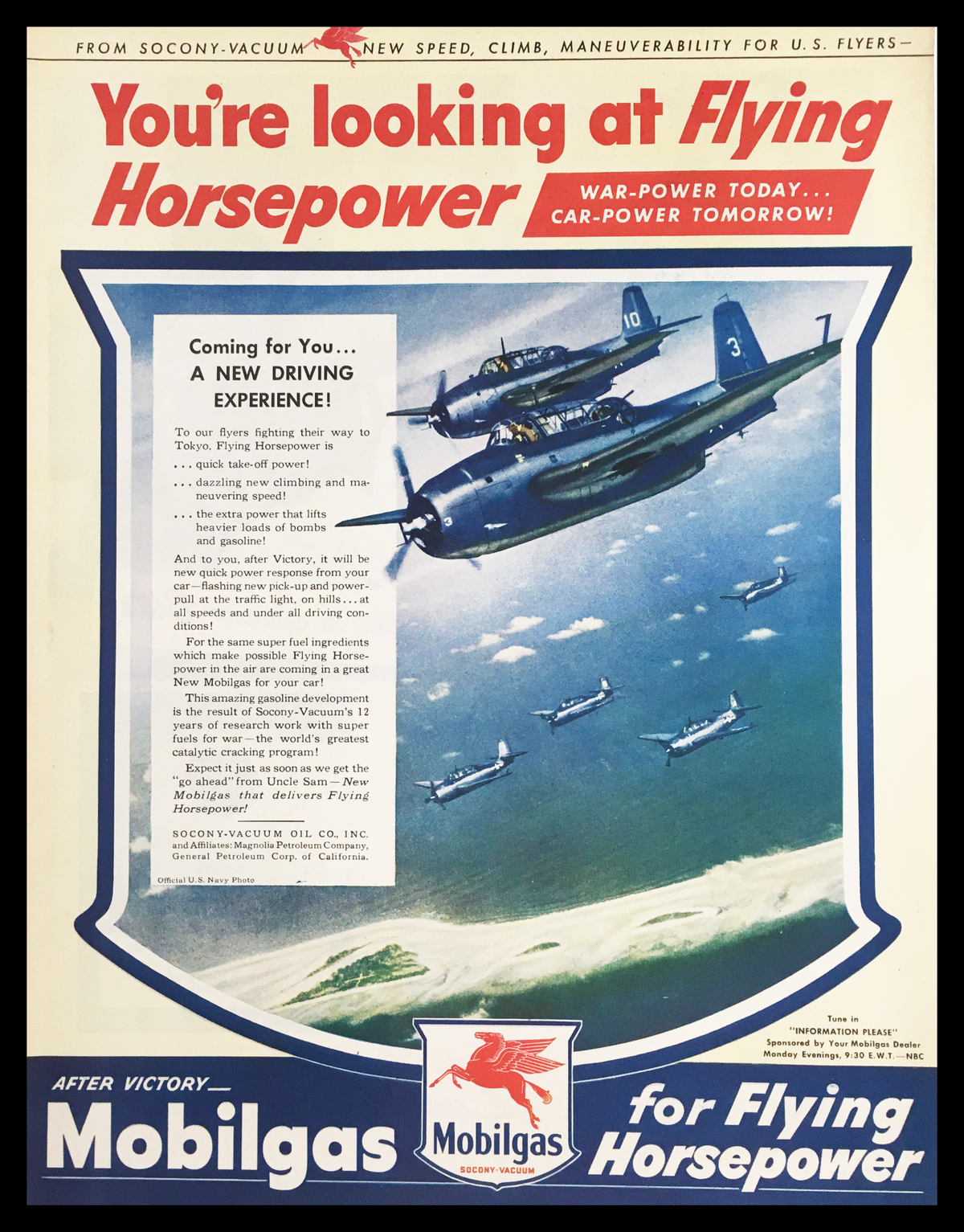 1945 Mobilgas for Flying Horsepower Vintage Print Ad featuring military aircraft in flight, highlighting the innovative power of Mobilgas and its benefits for driving performance.