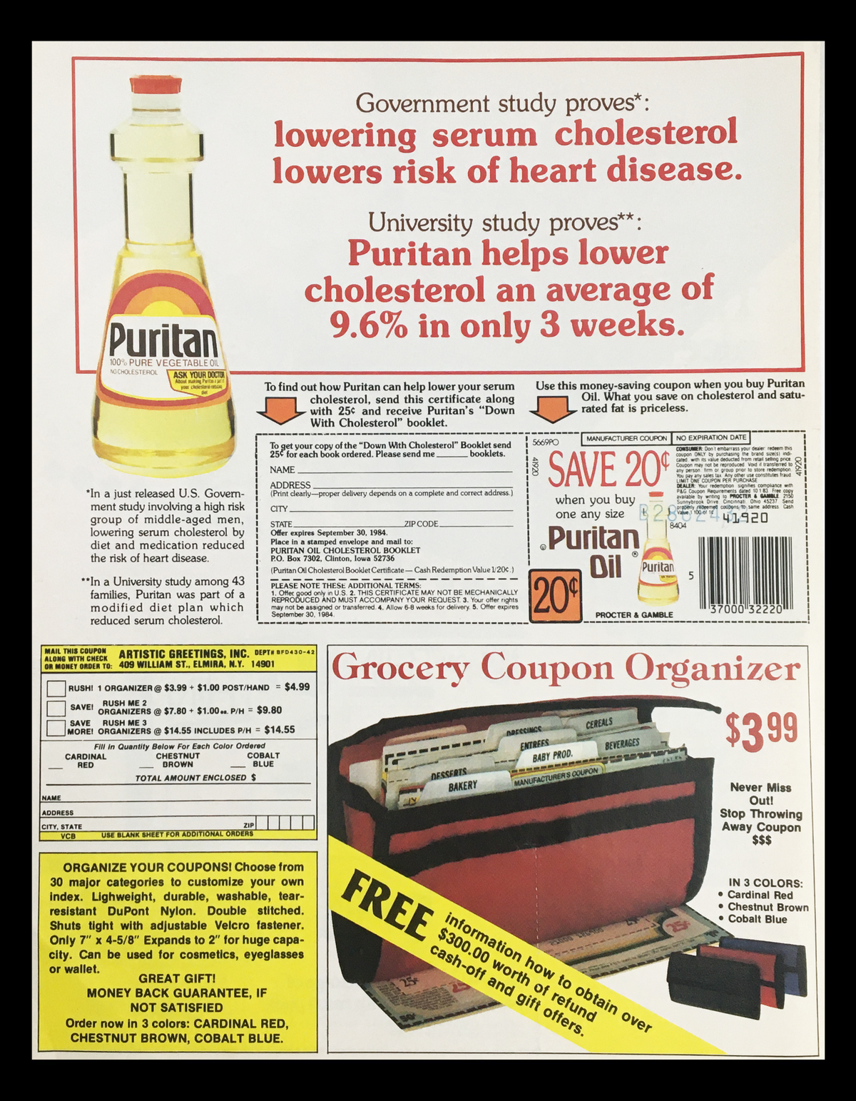 1984 New Freedom Thin Maxi Pads Circular Coupon Advertisement showcasing Puritan cooking oil promotion with grocery coupon organizer. Good condition, original print with wear marks.