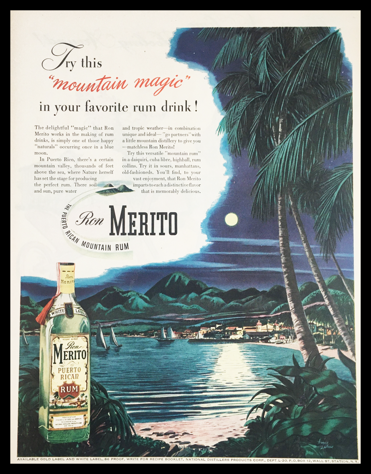 1945 Ron Merito Puerto Rican Rum vintage print advertisement showcasing a tropical landscape with palm trees and a moonlit bay, featuring a bottle of Ron Merito Rum prominently displayed.
