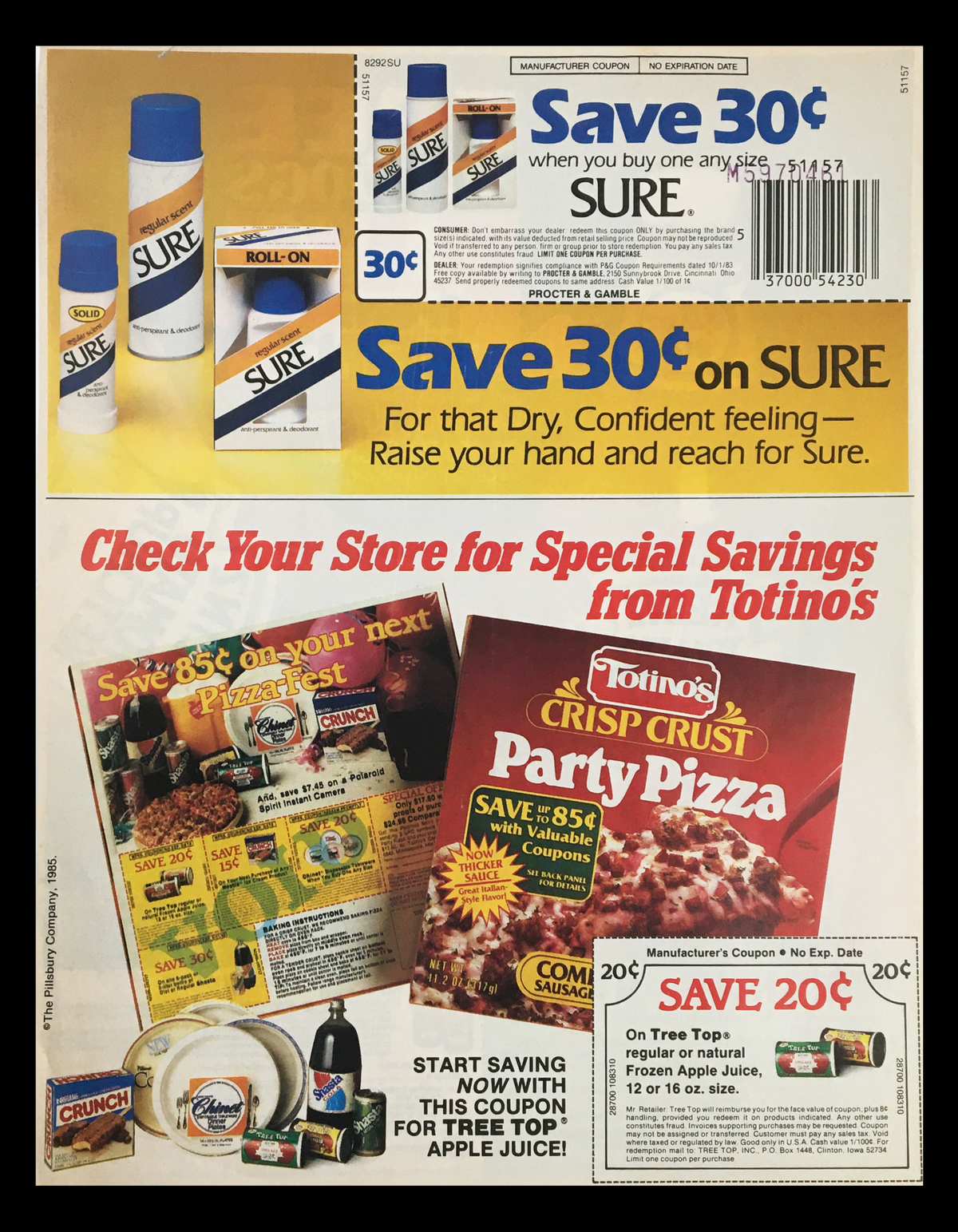 1985 Heinz Tomato Ketchup Circular Coupon Advertisement showcasing various product coupons including Sure and Totino's Party Pizza, highlighting savings and promotions.