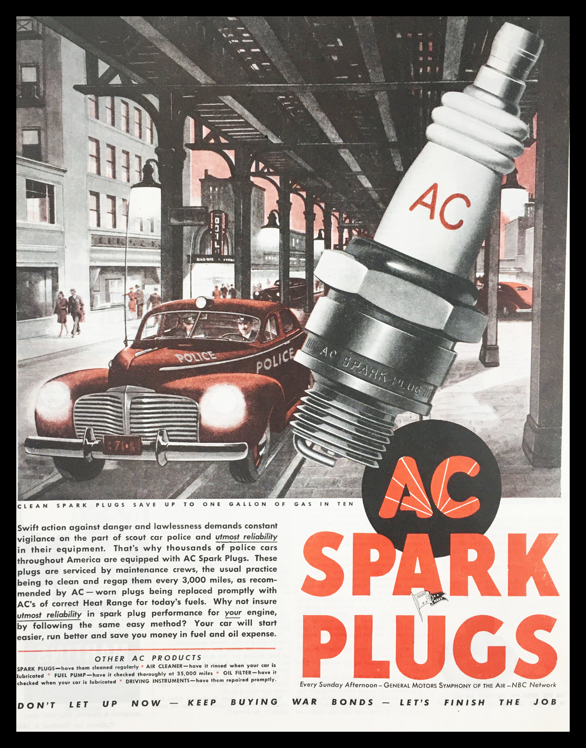 1945 AC Spark Plugs Vintage Print Ad featuring a classic police car and a close-up of an AC spark plug, showcasing mid-20th-century automotive design and advertising style.