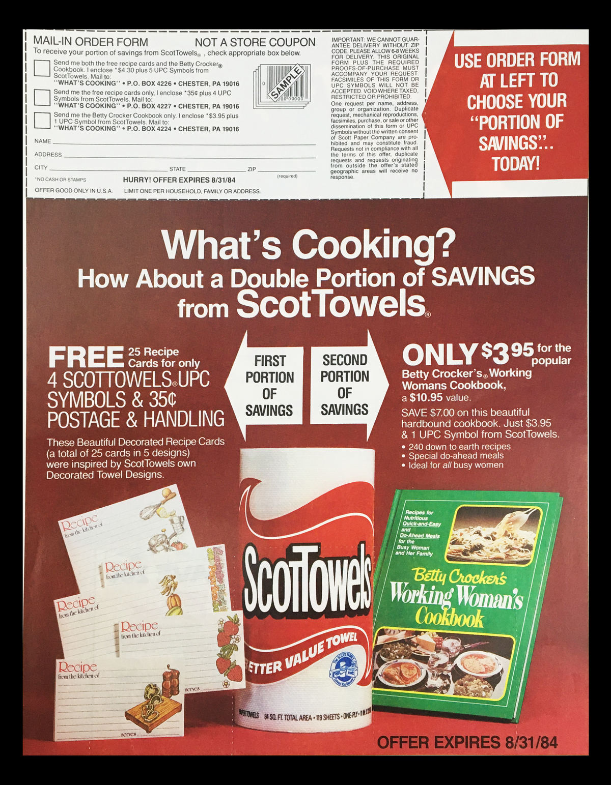 1984 Seneca Summer Time Easy Living Circular Coupon Advertisement featuring promotions for ScotTowels and recipe cards, emphasizing double savings with vibrant visuals.