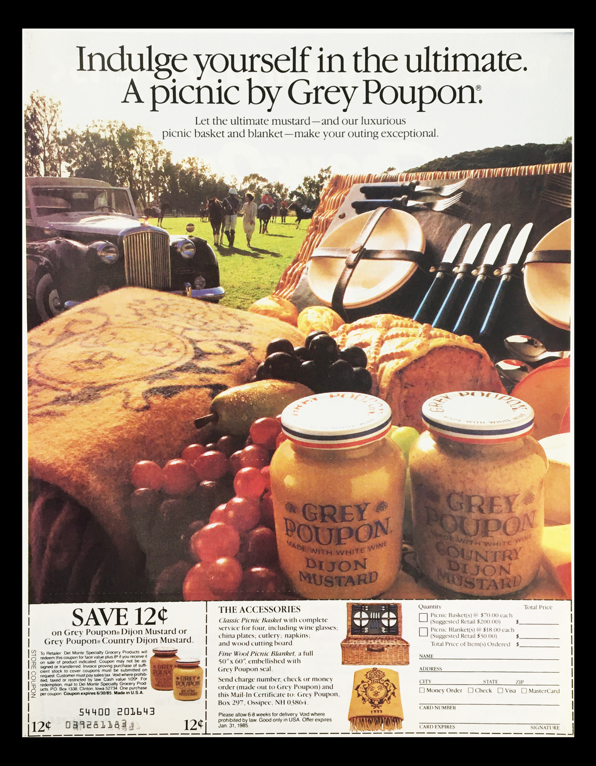 1984 picnicking advertisement for Grey Poupon mustard, highlighting a picnic scene with food and classic cars. The ad promotes Grey Poupon mustard with a coupon offer.