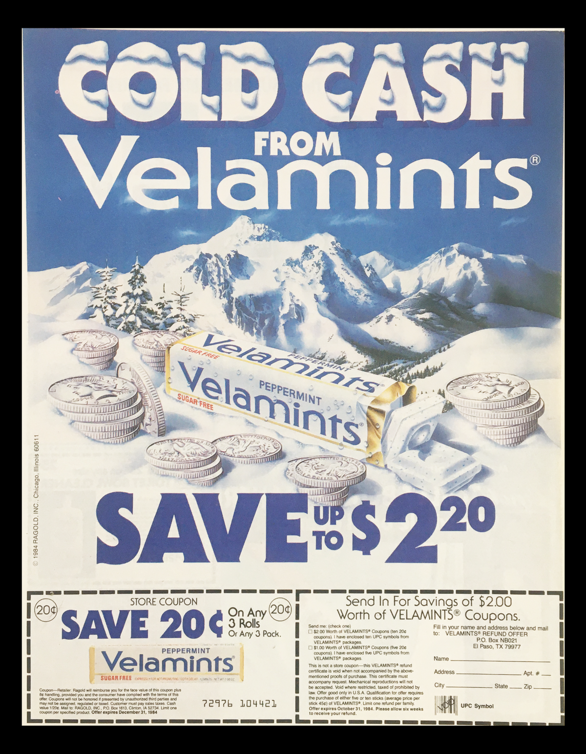 1984 Peppermint Velamints Sugar Free Circular Coupon Advertisement featuring Velamints candies with snowy mountains in the background, promoting savings of up to $2.20.