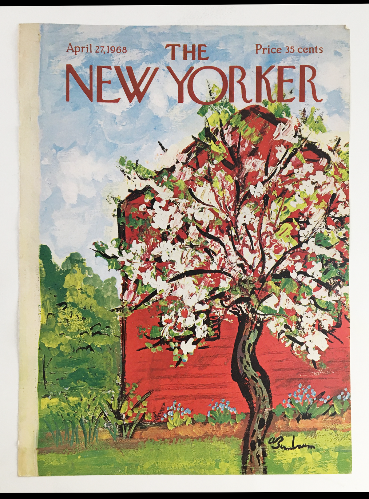 COVER ONLY The New Yorker April 27 1968, showcasing a colorful art piece depicting a tree in bloom against a red barn background, created by Abe Birnbaum.