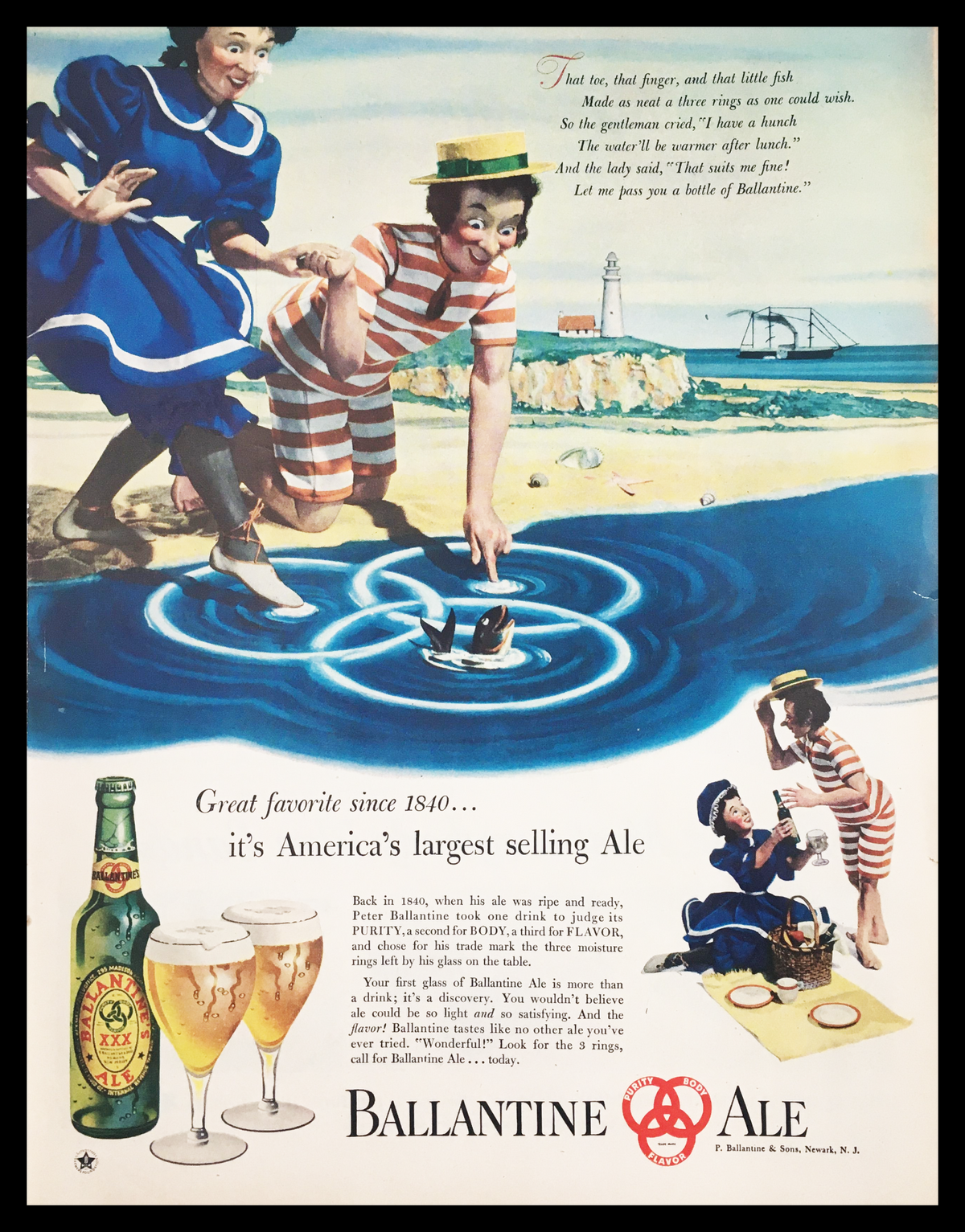 1947 Ballantine's Largest Selling Ale vintage print ad featuring vibrant colors and playful characters at the beach, showcasing the nostalgic essence of mid-20th century beer culture. This advertisement highlights Ballantine's Ale as America's largest selling ale, making it a unique collector's item for beer enthusiasts.