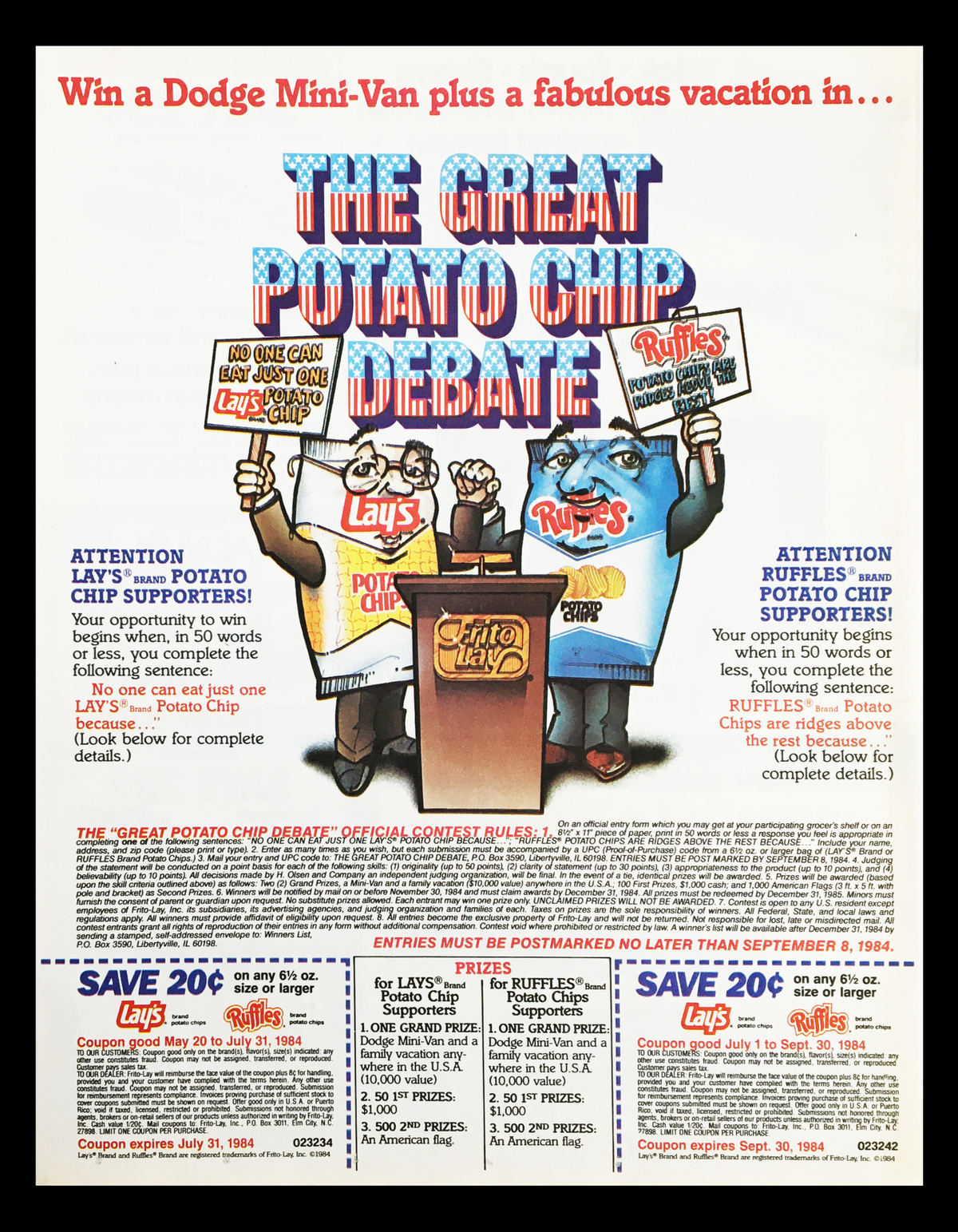1984 Lay's Brand Potato Chips Debate Circular Coupon Advertisement featuring cartoon characters representing Lay's and Ruffles brands at a debate stage.