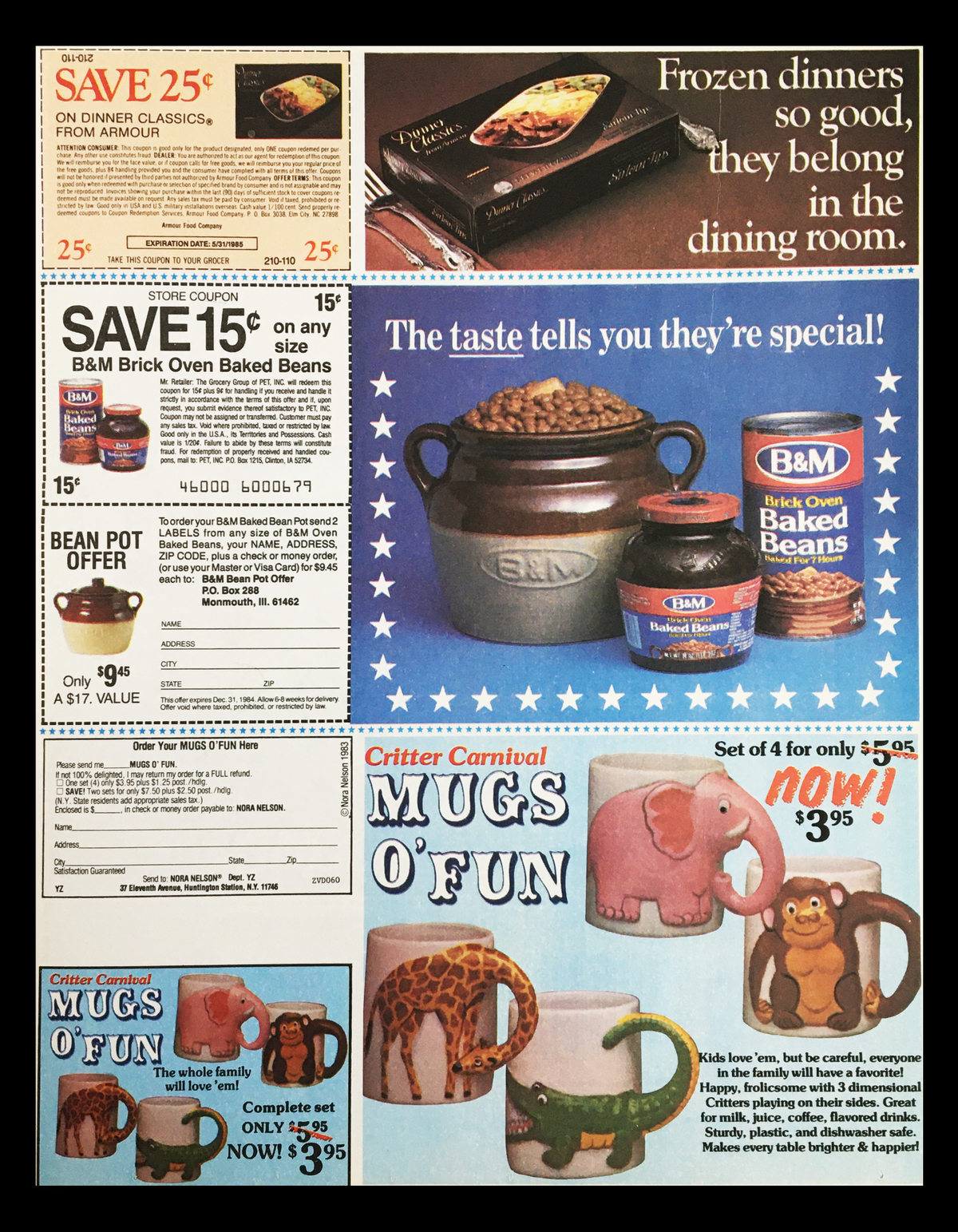 1984 circular advertisement featuring various products, including a coupon for B&M Brick Oven Baked Beans and dinner classics from Armour. The ad emphasizes savings opportunities, showcasing products available for family dining.
