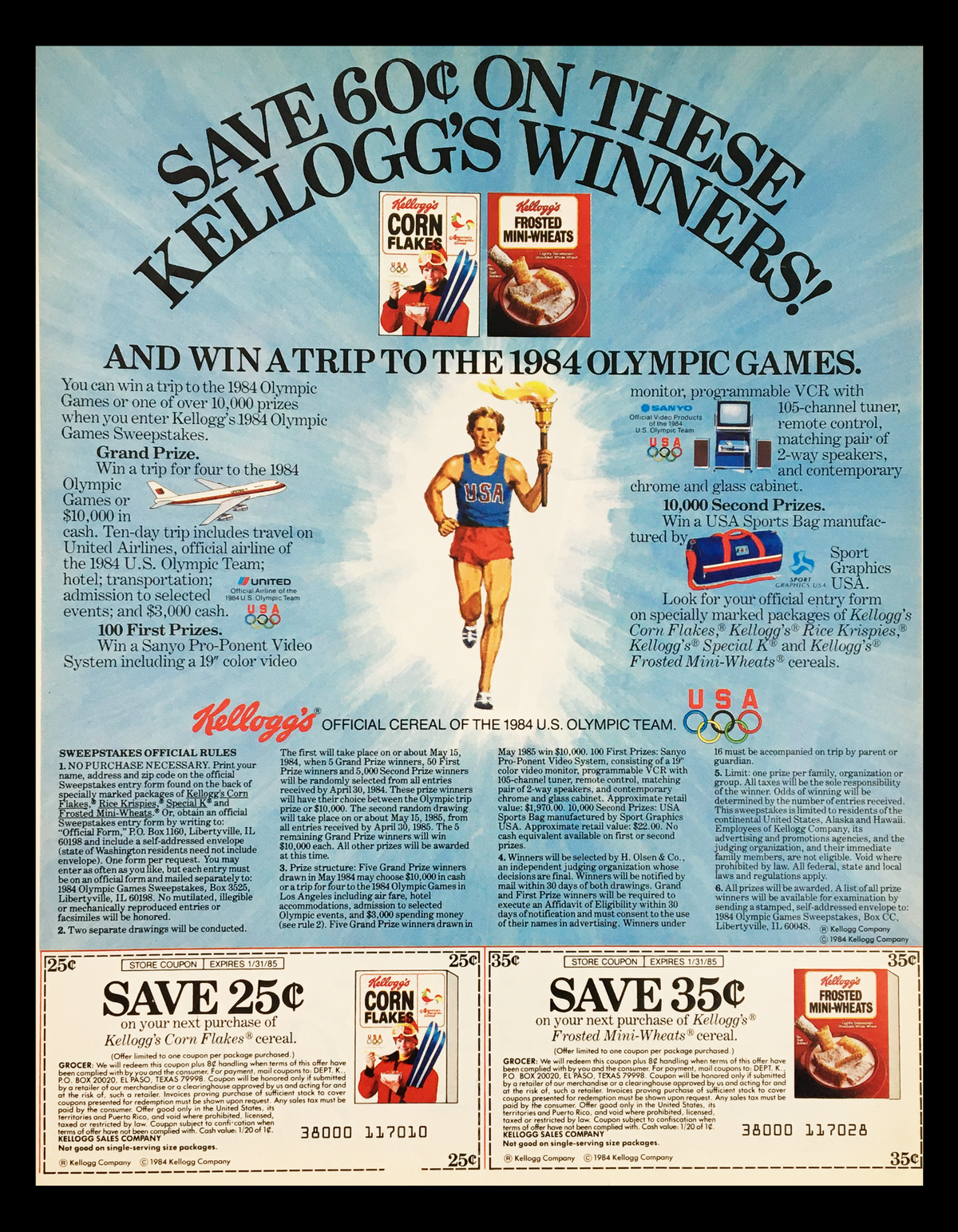 1984 Kellogg's Olympics Official Cereal Circular Coupon Advertisement featuring details about a promotion for Kellogg's cereals and a chance to win a trip to the 1984 Olympic Games.