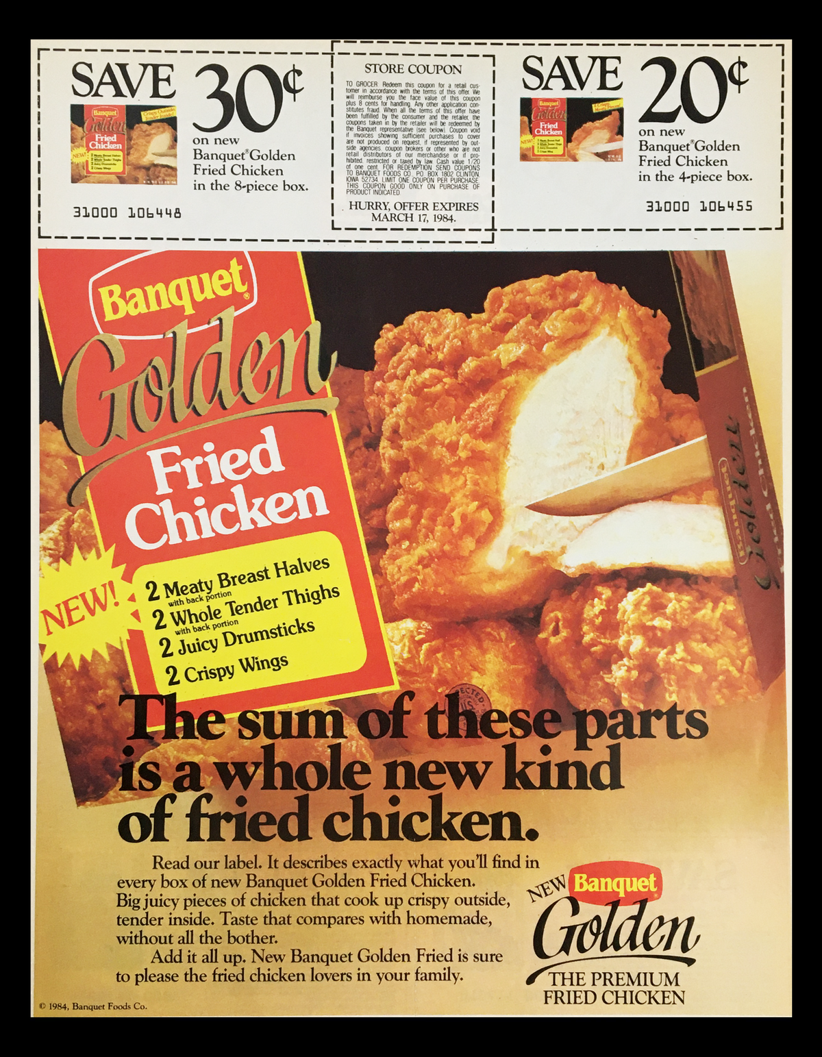 1984 Kellogg's Olympics Official Cereal Circular Coupon Advertisement showcasing a store coupon for Banquet Golden Fried Chicken, emphasizing the new product offerings.