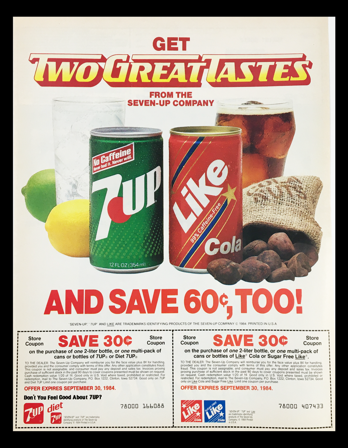 1984 Seven-Up Company Two Great Tastes Circular Coupon Advertisement featuring 7UP and Like Cola beverages, with promotional text highlighting a savings offer. Image showcases the original ad layout, measurements, and expired coupon details.