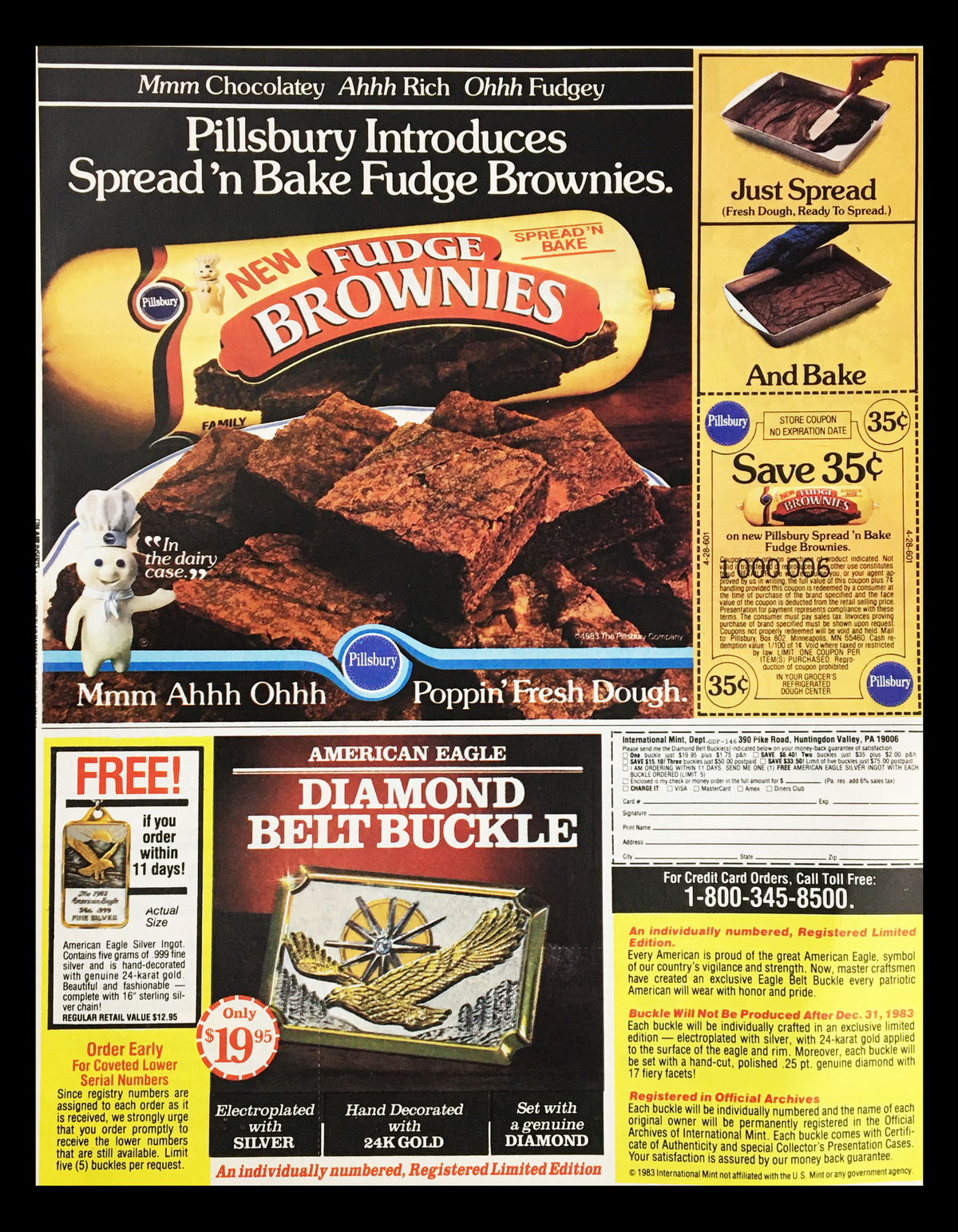 1983 Ocean Spray Women's Sports Foundation Circular Coupon Advertisement featuring a diverse array of coupons including Pillsbury brownie and American Eagle belt buckle ads, designed for collectors and enthusiasts.