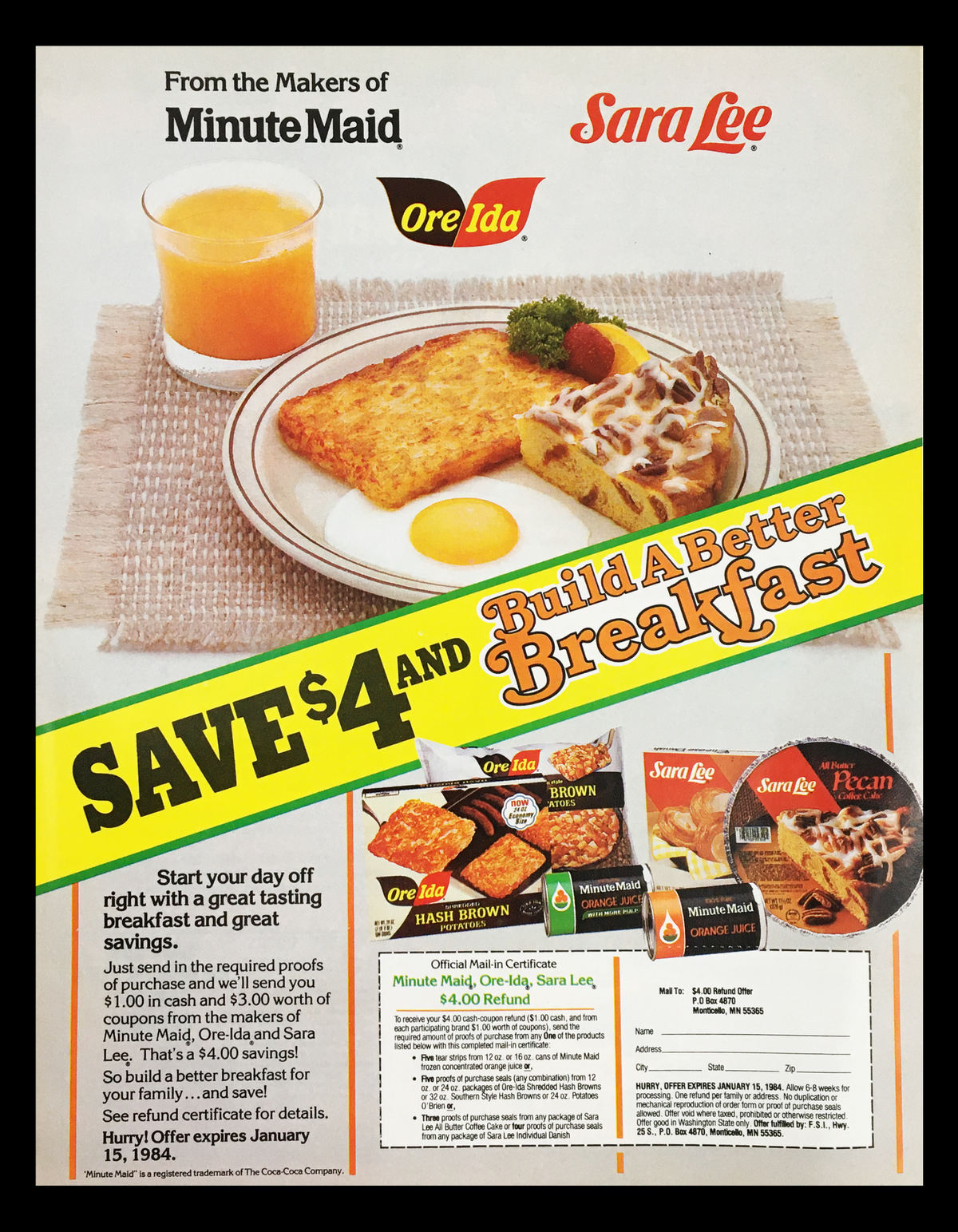 1984 Minute Maid Build A Better Breakfast Circular Coupon Advertisement featuring breakfast items like a hash brown, juice, and Sara Lee products. The ad highlights savings of $4 on breakfast purchases.