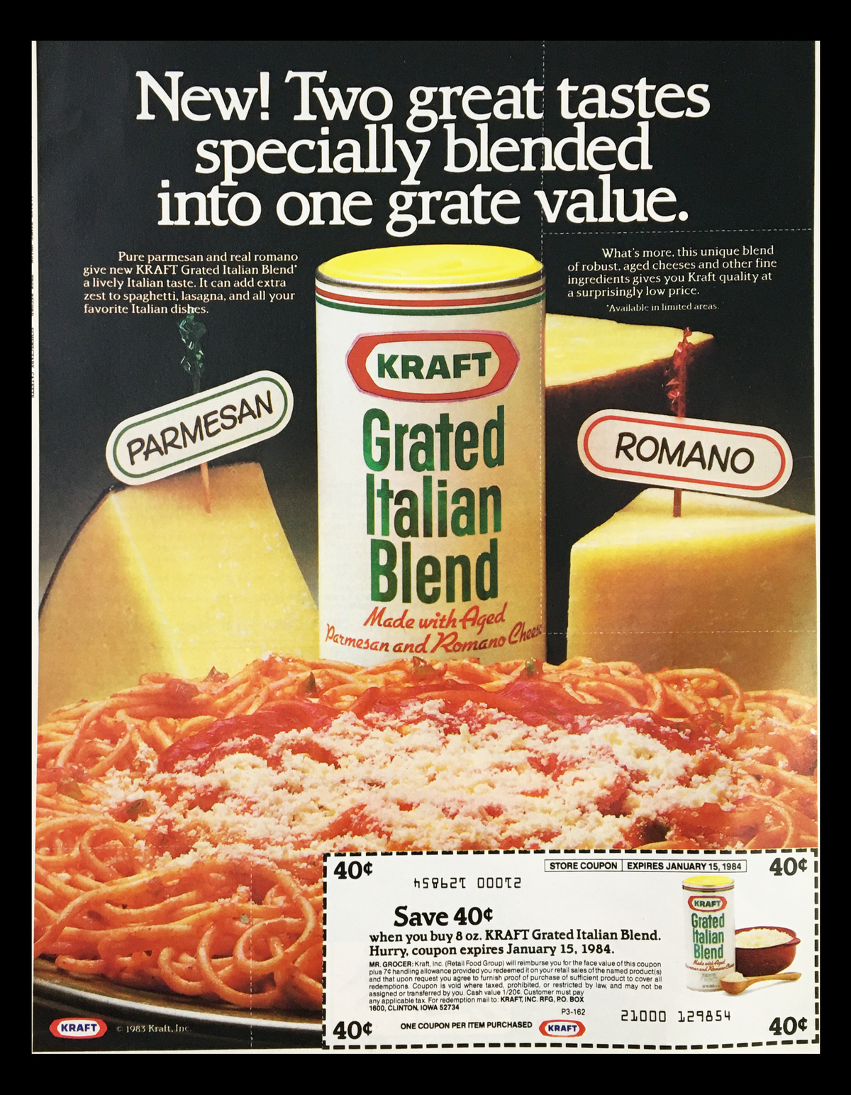 1984 Kraft Grated Italian Blend Cheese Circular Coupon Advertisement showcasing Parmesan and Romano cheese with promotional details. Original coupon expired January 15, 1984.