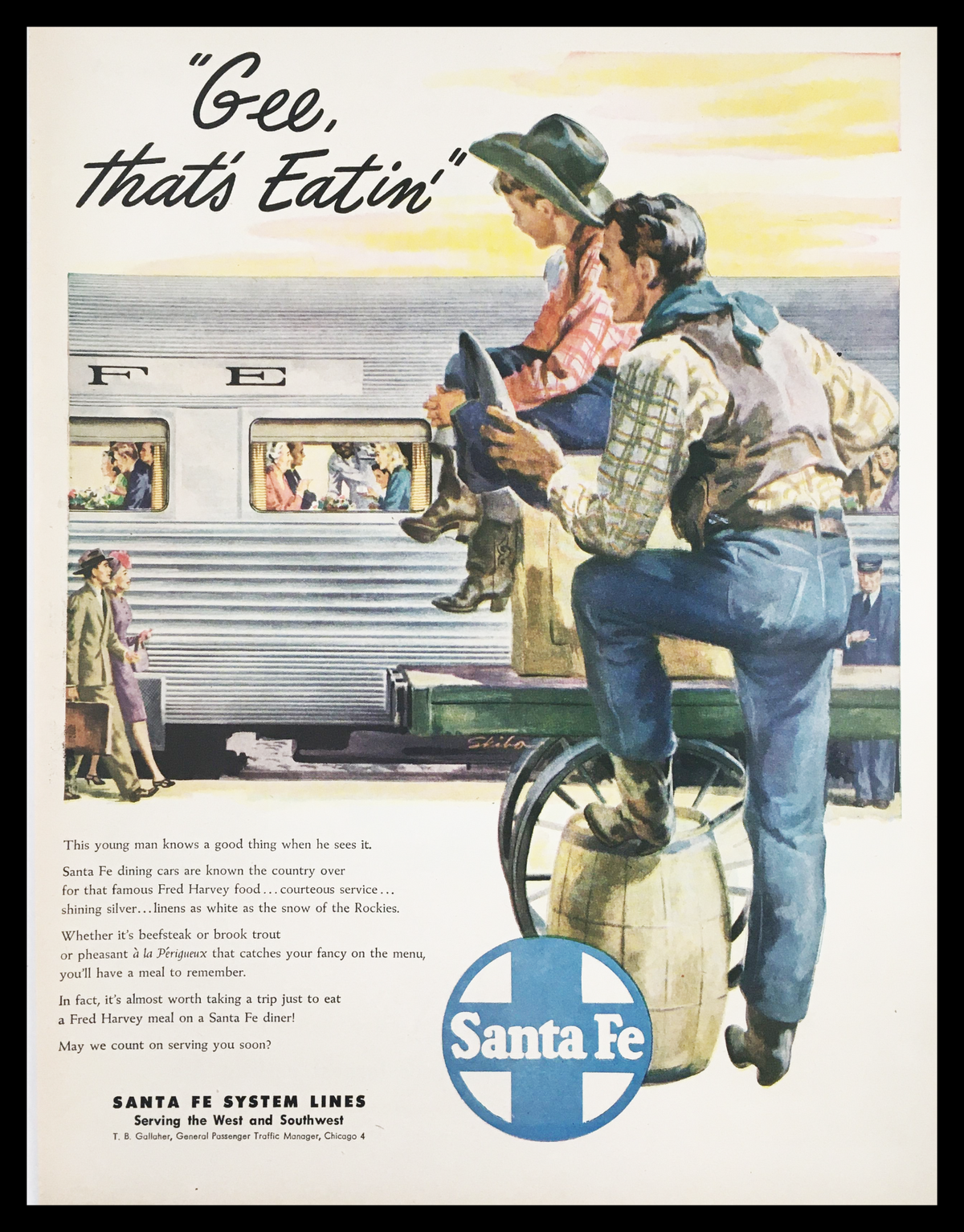 1947 Santa Fe Systems Line Vintage Print Ad featuring a scene with a young boy and a man in Western attire enjoying a meal. The ad highlights Santa Fe dining cars and their famous Fred Harvey food service, depicting a nostalgic atmosphere of mid-20th century train travel.