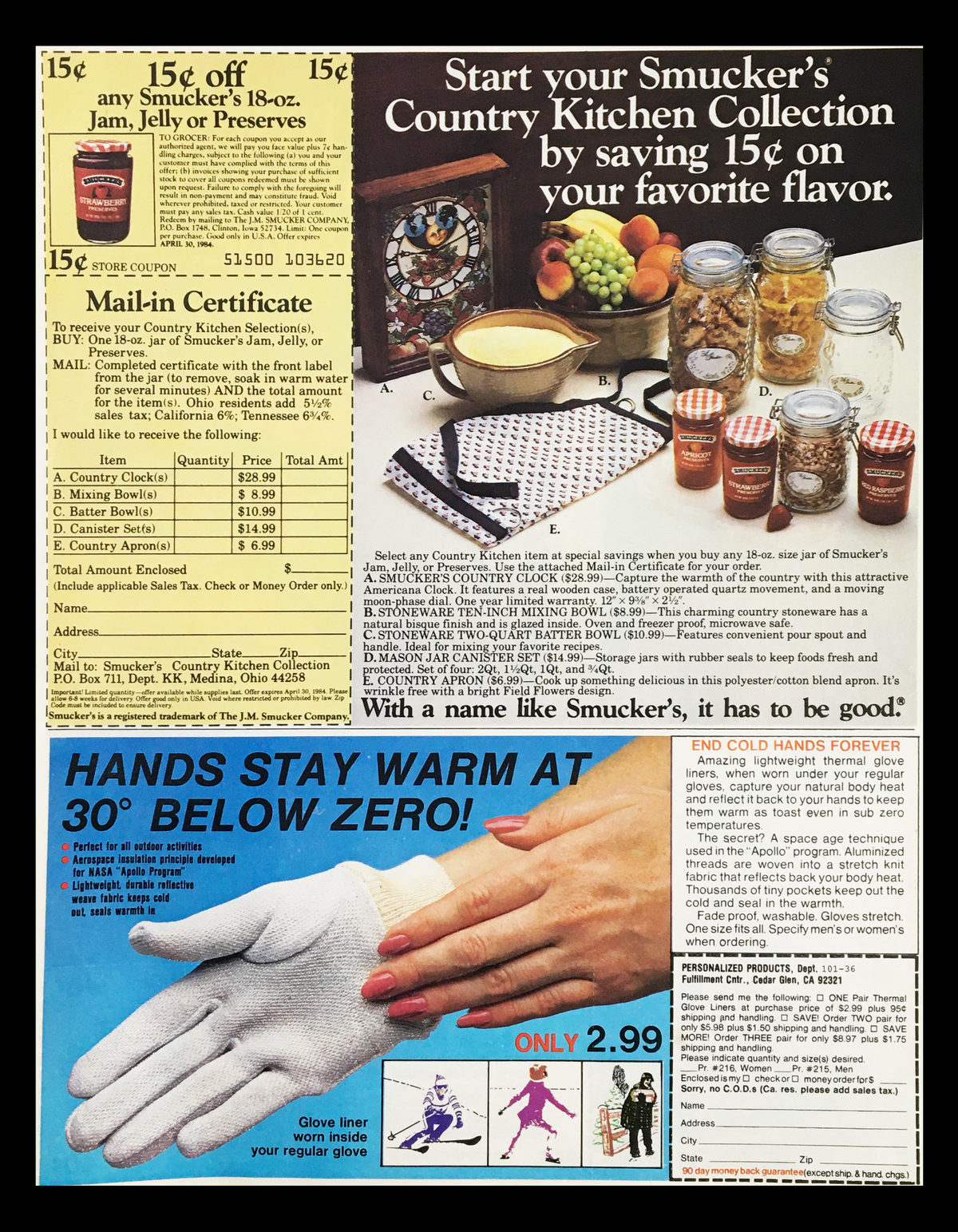 1984 Smucker's Country Kitchen Collection Mail-In Certificate and promotion featuring various jams and gloves for cold weather protection. Vintage advertisement for household items.