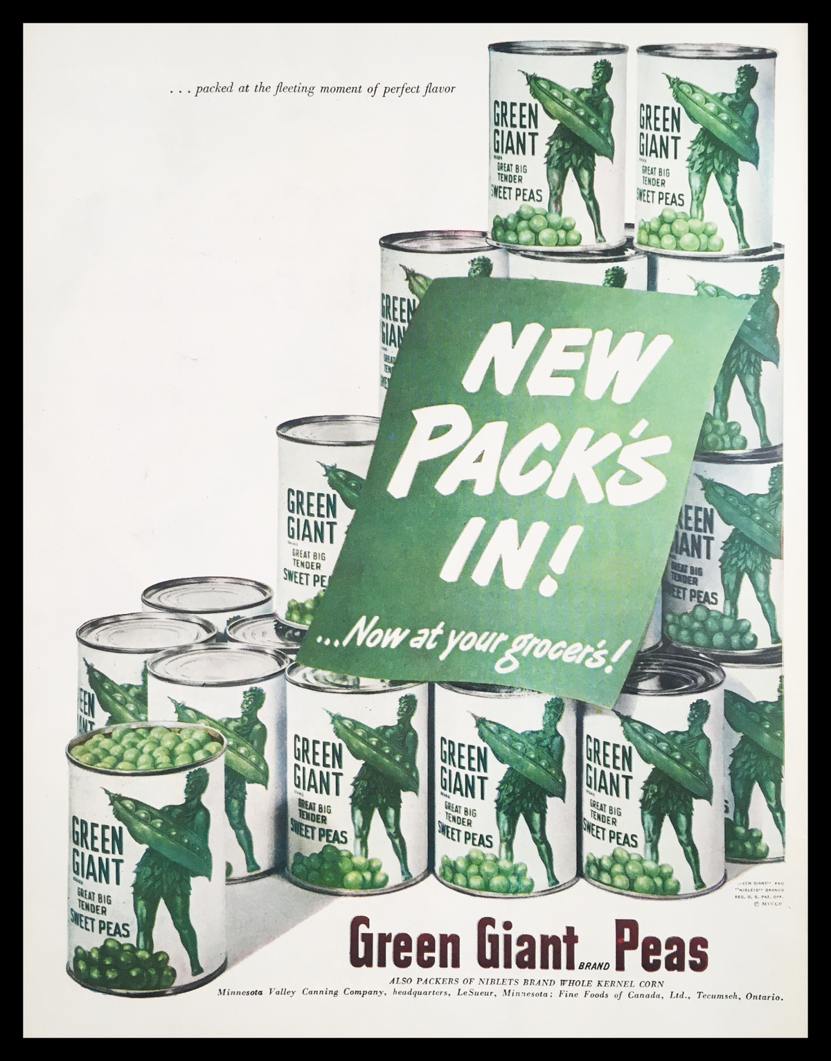1947 Green Giant Sweet Peas Brand Vintage Print Ad featuring stacked cans of Green Giant Sweet Peas, showcasing retro design elements and bold typography that emphasize freshness and quality.