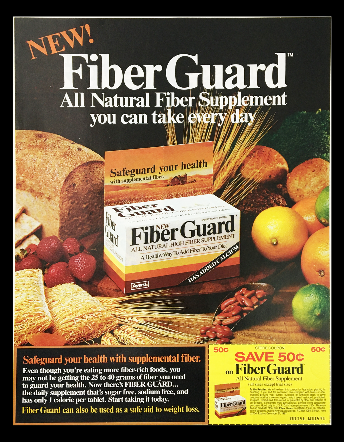 1987 Ayerst Fiber Guard Supplement Circular Coupon Advertisement showcasing the FiberGuard product along with a variety of healthy foods. The ad promotes the importance of improving health with natural fiber supplements.