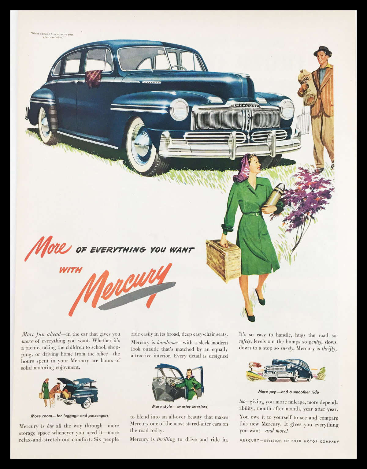 1947 Mercury Smarter Interiors Vintage Print Ad featuring a classic Mercury car, showcasing stylish design and innovative features in a vibrant illustration, perfect for vintage decor and automotive enthusiasts.