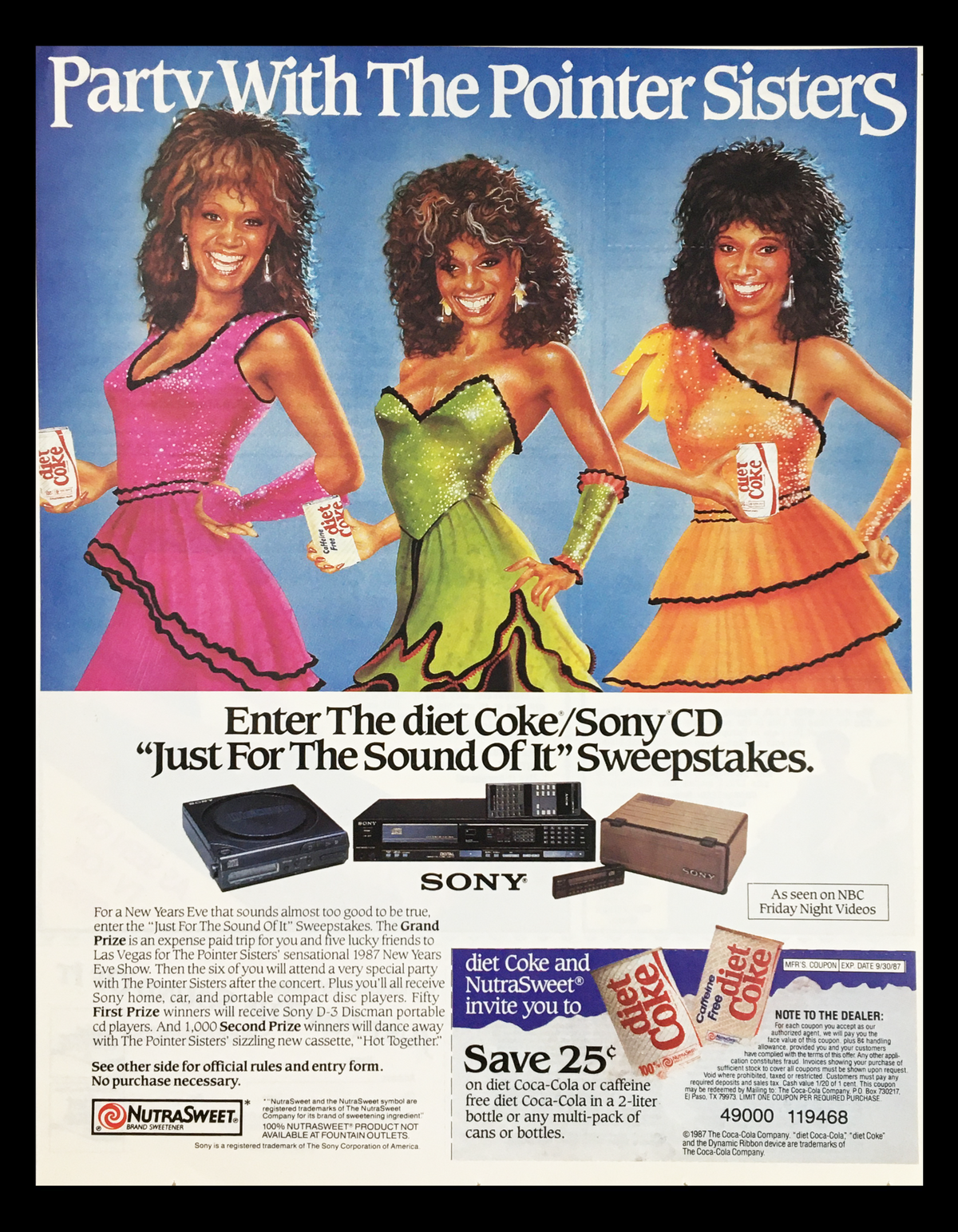 1987 The Diet Coke & Sony CD Sweepstakes Circular Coupon Advertisement featuring the Pointer Sisters in vibrant dresses, promoting a sweepstakes and highlighting a Sony audio product.