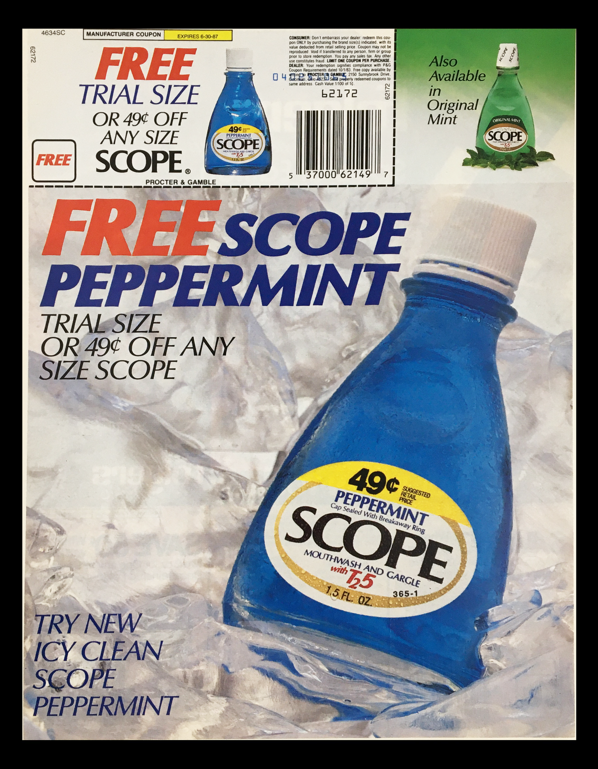 1987 Peppermint Scope Mouthwash and Gargle Circular Coupon Advertisement featuring an image of the product and a promotional offer for a free trial size or discount on any size Scope, showcasing the brand logo and product details.