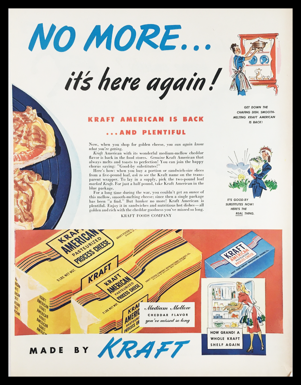 1947 Kraft American Pasteurized Process Cheese Vintage Print Ad featuring bold graphics and vibrant colors, showcasing Kraft's commitment to quality and nostalgia of mid-20th century Americana.
