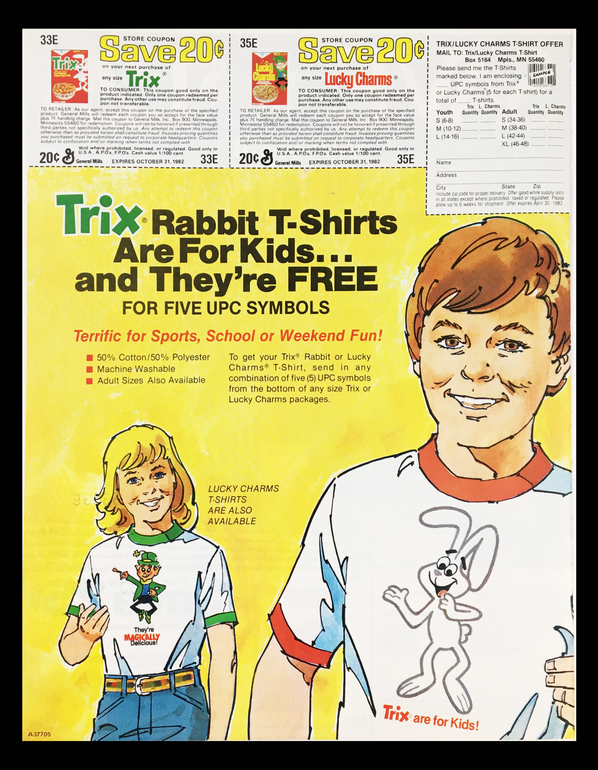 1982 Trix Lucky Charms Rabbit T-Shirts Circular Coupon Advertisement featuring a smiling boy wearing a Trix Rabbit T-shirt alongside coupons for Trix and Lucky Charms, highlighting the offer of free shirts for UPC symbols.