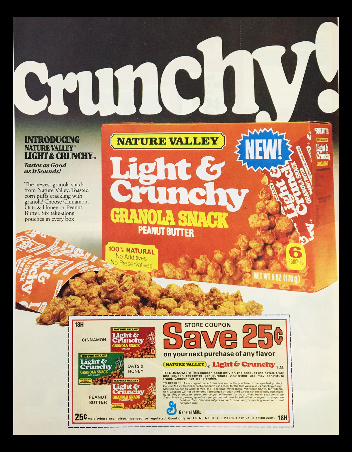 1982 Nature Valley Light & Crunchy Granola Snack Circular Coupon Advertisement showcasing the new product packaging and coupon for savings on peanut butter granola snacks. The ad features colorful graphics and highlights the product's natural ingredients.