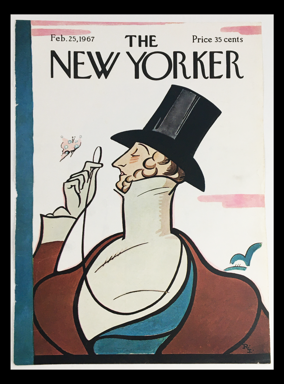 Illustration of The New Yorker magazine cover from February 25, 1967. Featuring elegant artwork by Rea Irvin, depicting a well-dressed gentleman in a top hat, with whimsical elements in the background, making it a collectible piece for fans of vintage magazine art.