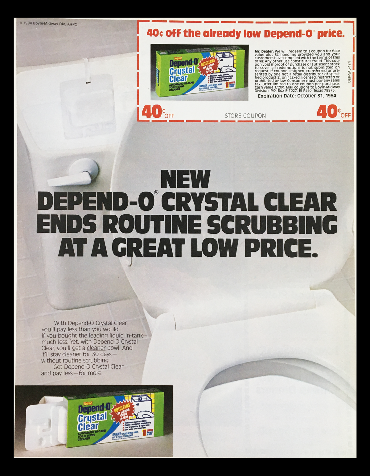 1984 Depend-O Crystal Clear Routine Scrubbing Circular Coupon Advertisement showcasing a toilet cleaning product with coupon offer, highlighting the promotion of Depend-O Crystal Clear. Includes expiration date and promotional details.
