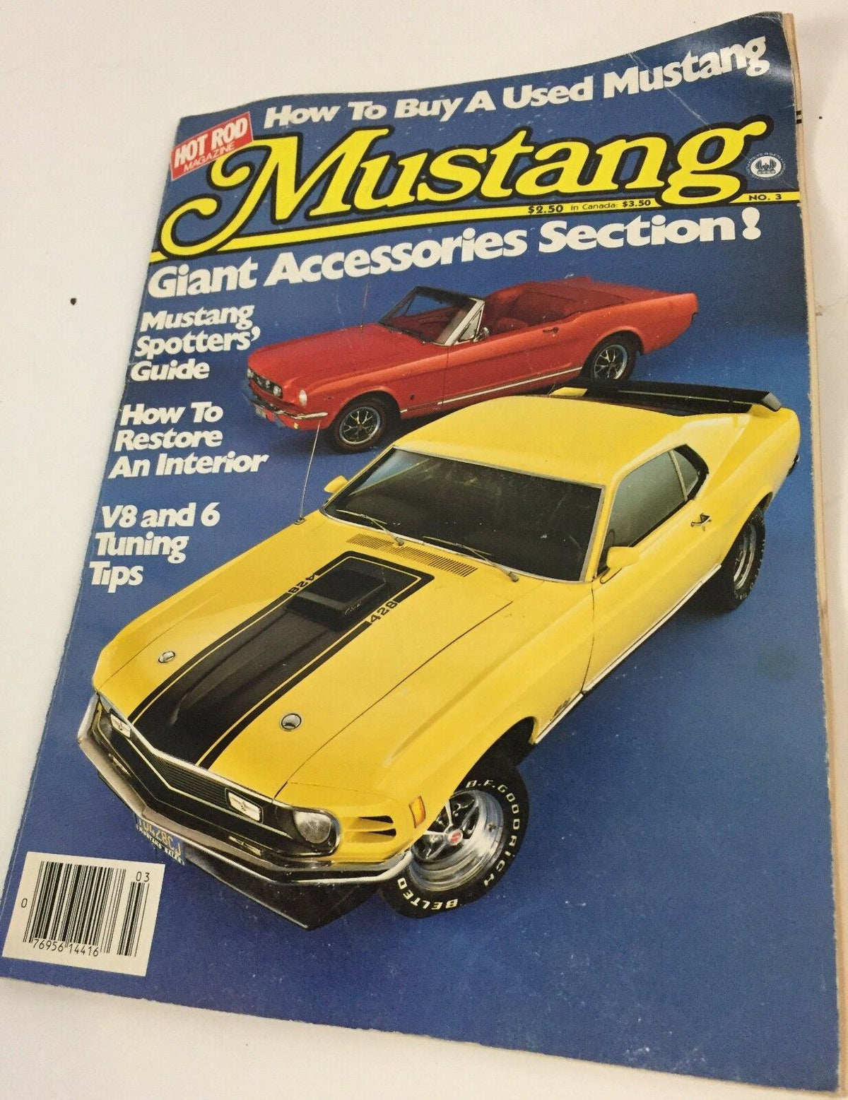 Close-up of Hot Rod Magazine's Mustang No. 3 cover, highlighting tips on buying a used Mustang and accessories section.