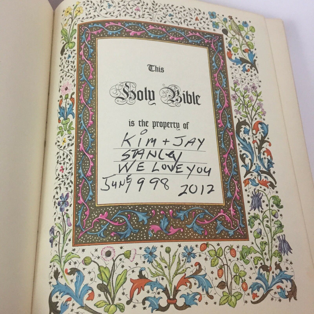 Inner page of the Holy Bible Book The Christian Life Edition American Bible 1973 English, featuring a handwritten dedication from Kim and Jay Stanley.