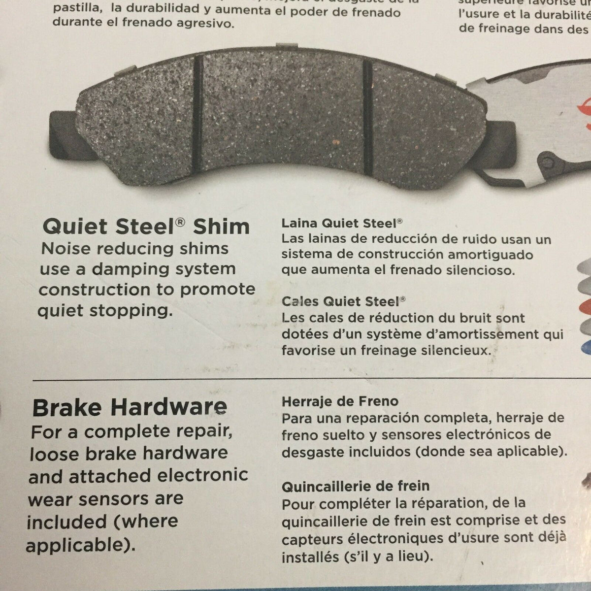 Raybestos EHT1340H Enhanced Technology Friction Pads Brake Pad Set image showing Quiet Steel shim and brake hardware for noise reduction and repair.