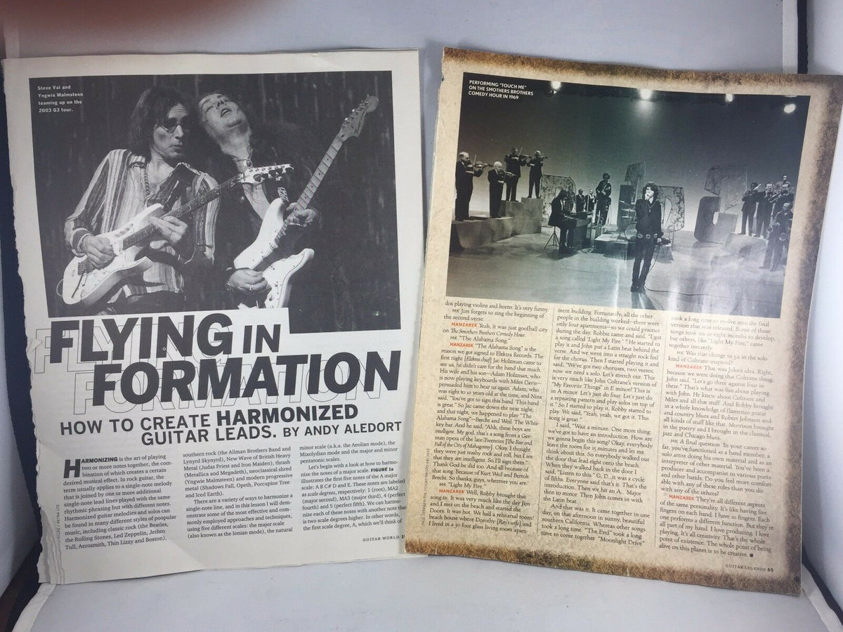 Music Lover's Lot of 2 'Guitar Legends' and 'Guitar World' Excerpts featuring an article titled 'Flying in Formation: How to Create Harmonized Guitar Leads' by Andy Aledort, alongside performance insights and images of musicians.